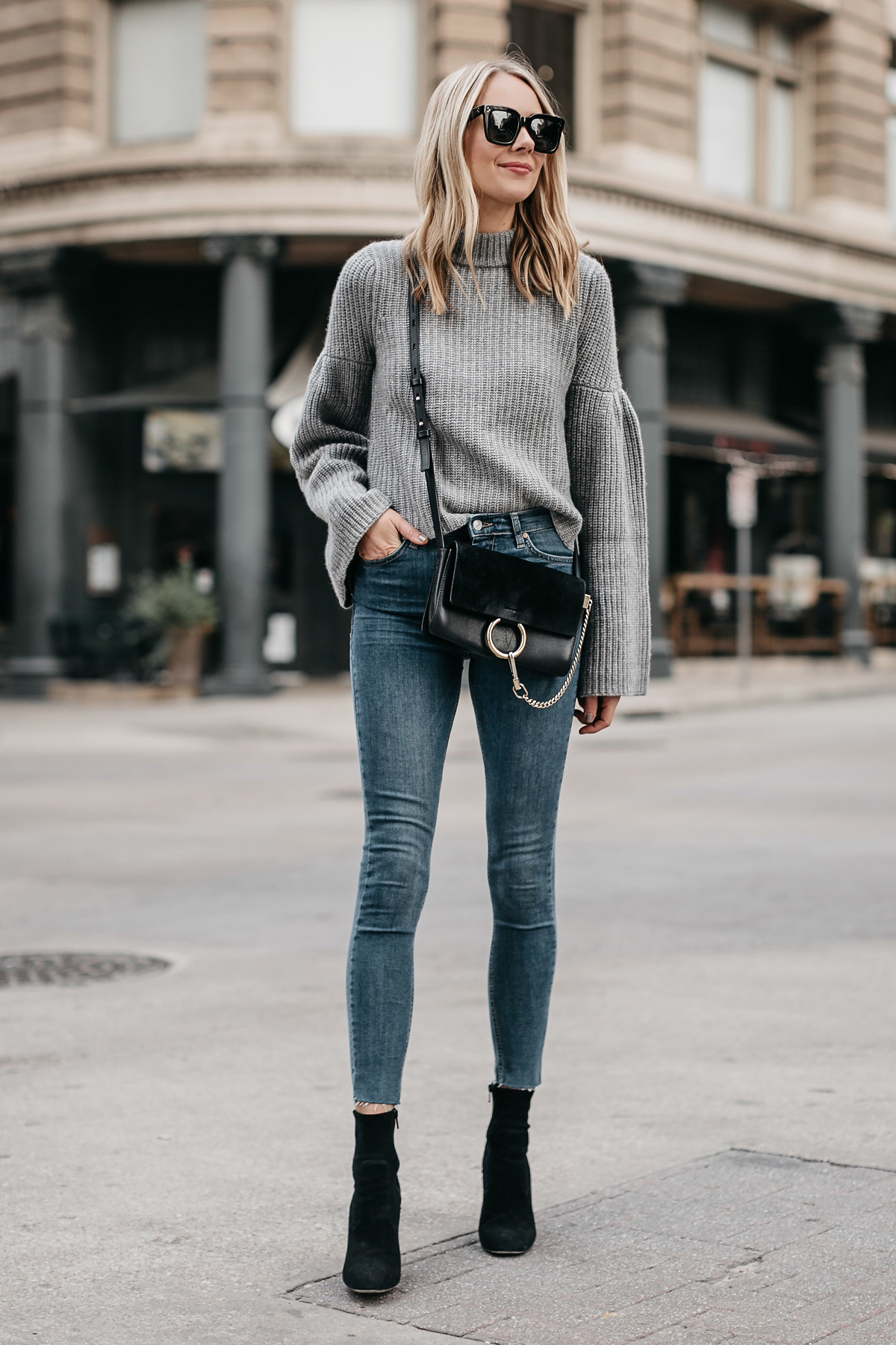 Stylish Fall Fashion: Grey Bell Sleeve Shirt and Black Velvet Leggings