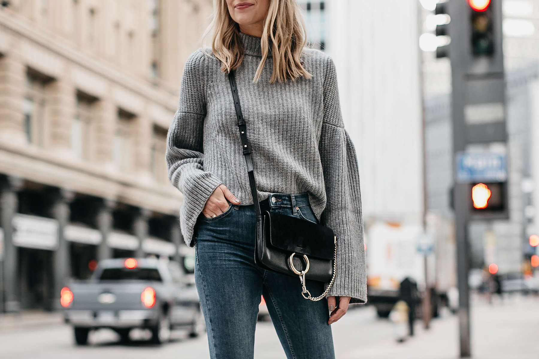 Stylish Fall Fashion: Grey Bell Sleeve Shirt and Black Velvet Leggings