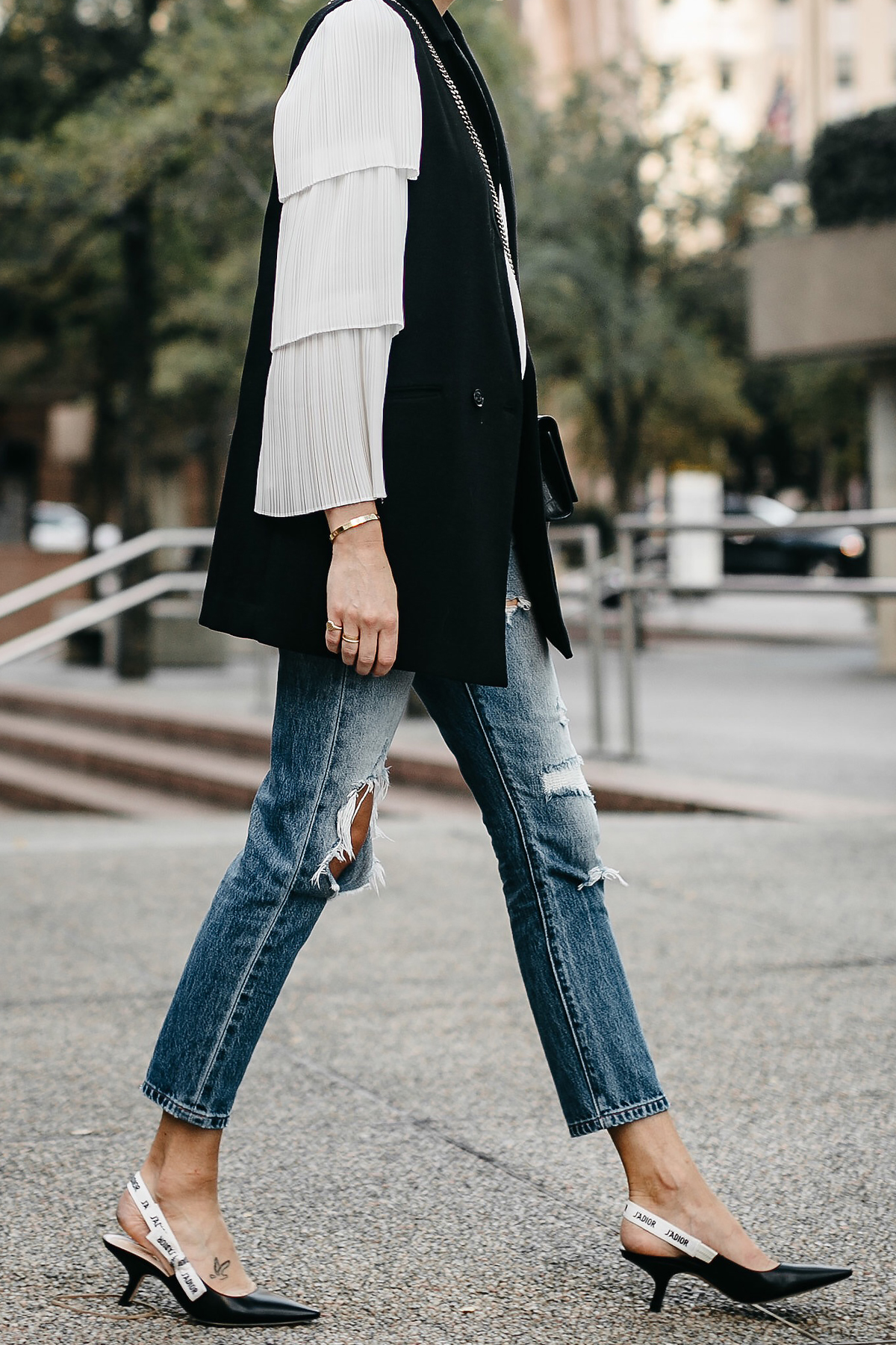 Stlye Me Hip: Chic White Vest with Print Pant and Black Heels, Spring  Street Outfits