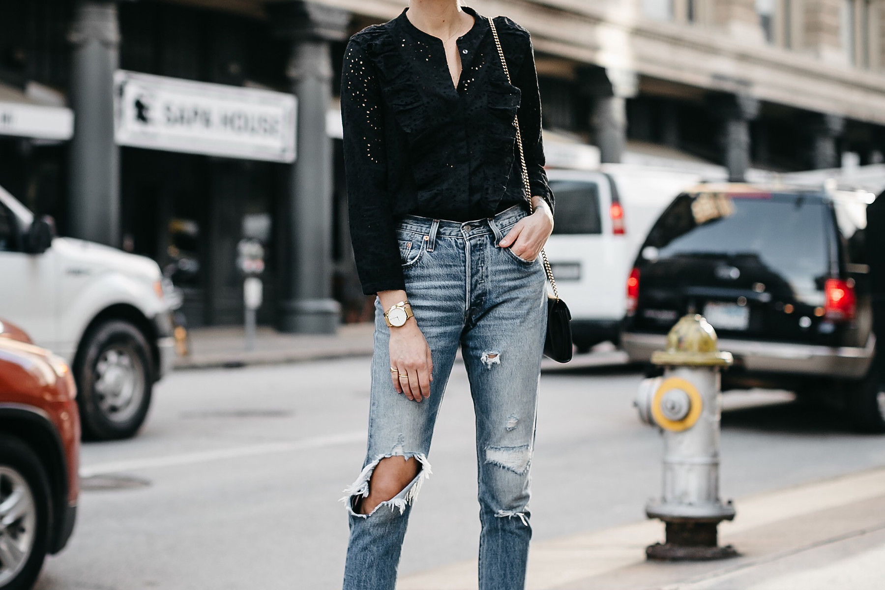 Madewell Black Eyelet Blouse Denim Ripped Jeans Fashion Jackson Dallas Blogger Fashion Blogger Street Style