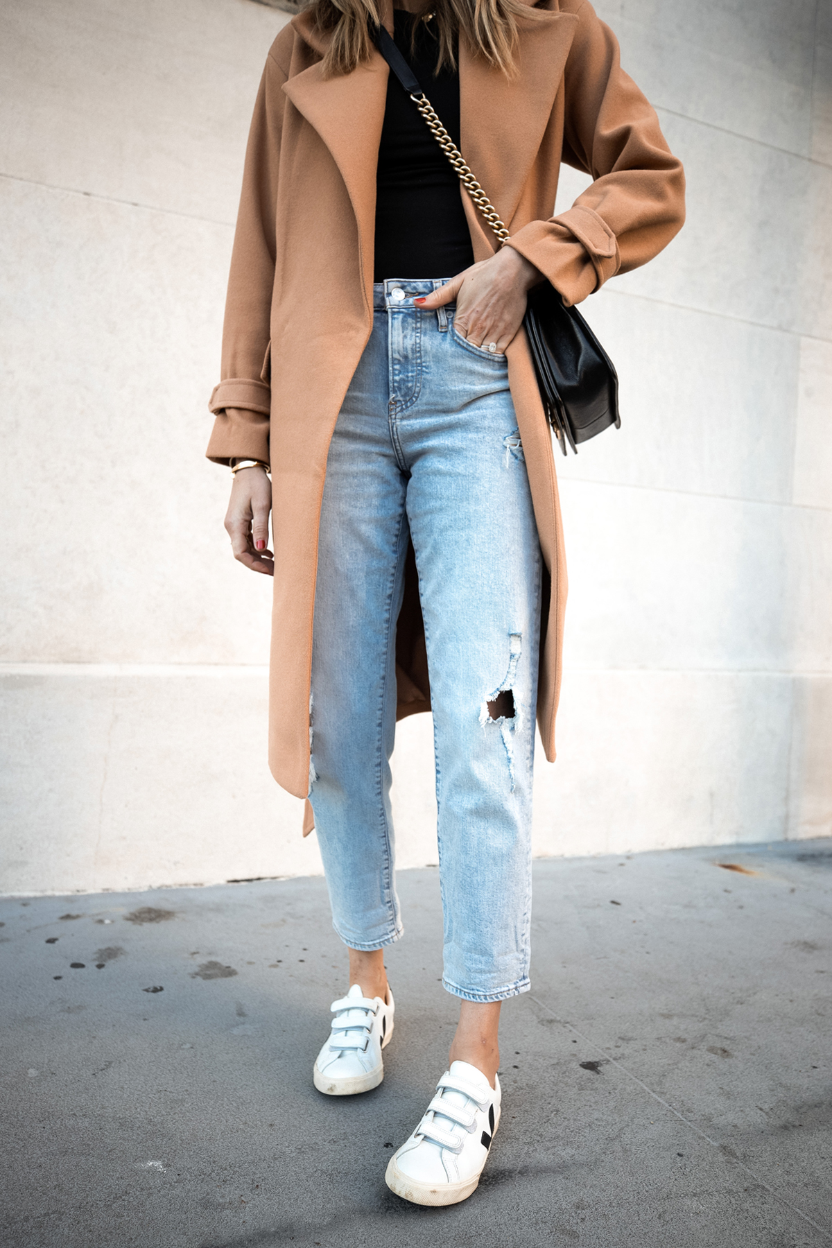 Fashion Jackson Wearing Express Camel Coat Ripped Boyfriend Jeans Veja Sneakers Fall Outfit