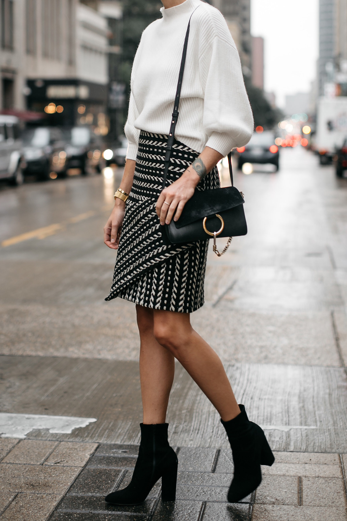 Cashmere Sweater, Pleated Skirt & Chloe Faye