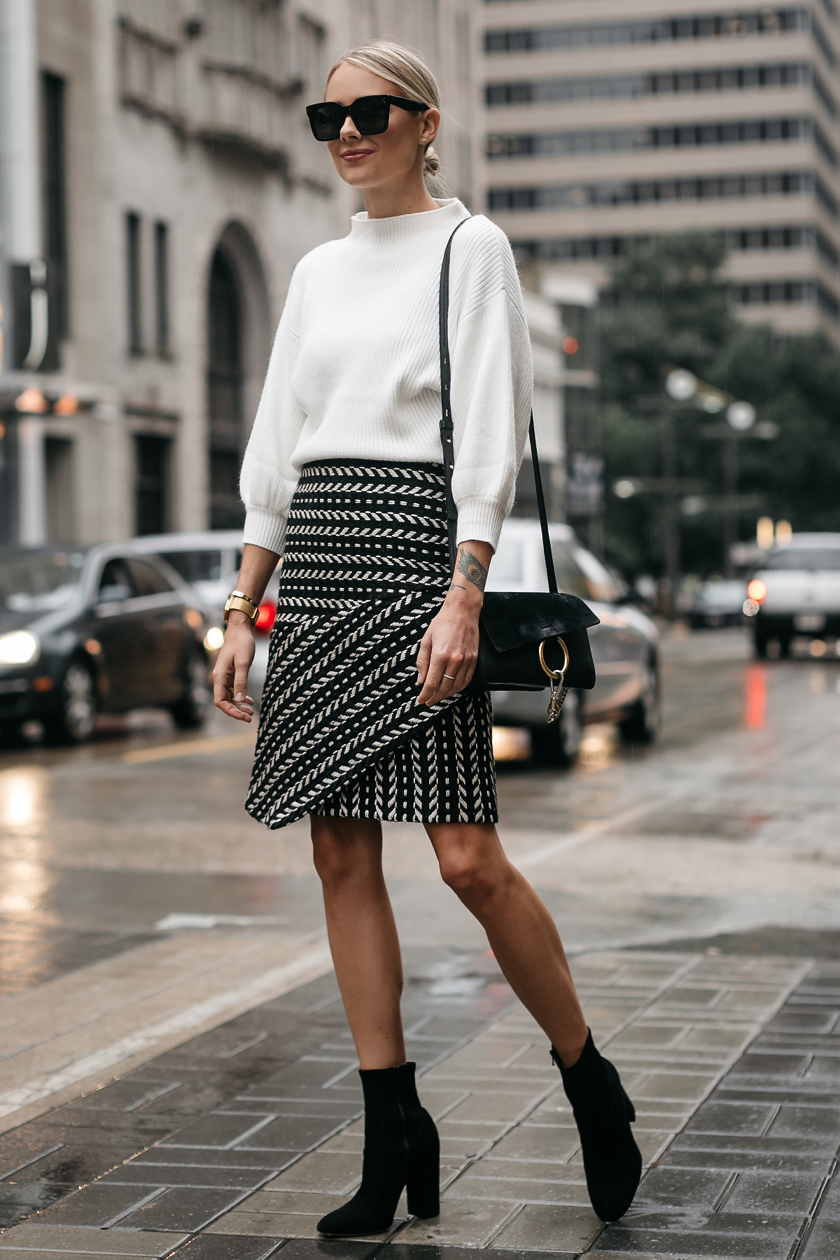 Fashion Jackson White Sweater Black and White Jacquard Skirt Black Ankle Booties Chloe Faye Handbag 3