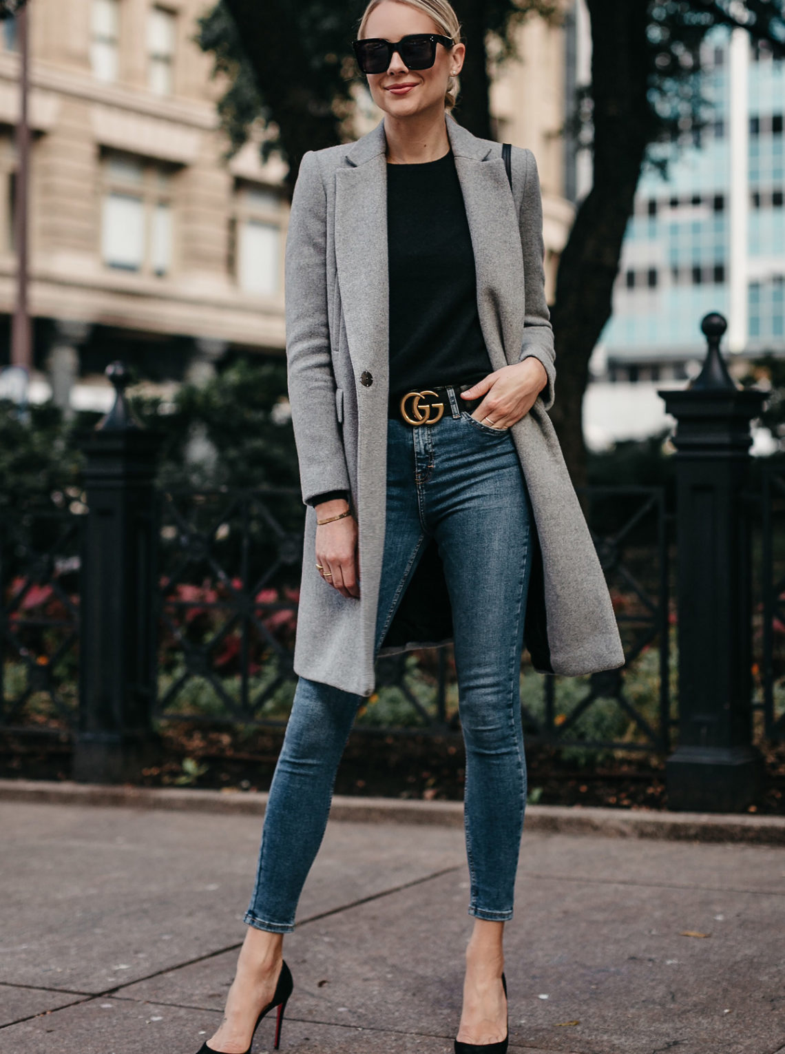 Blonde Woman Wearing Zara Grey Wool Coat Black Sweater Denim Skinny Jeans Gucci Marmont Belt Christian Louboutin Black Pumps Fashion Jackson Dallas Blogger Fashion Blogger Street Style