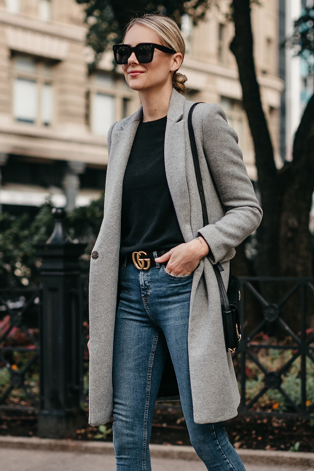 Blonde Woman Wearing Zara Grey Wool Coat Black Sweater Denim Skinny Jeans Gucci Marmont Belt Fashion Jackson Dallas Blogger Fashion Blogger Street Style