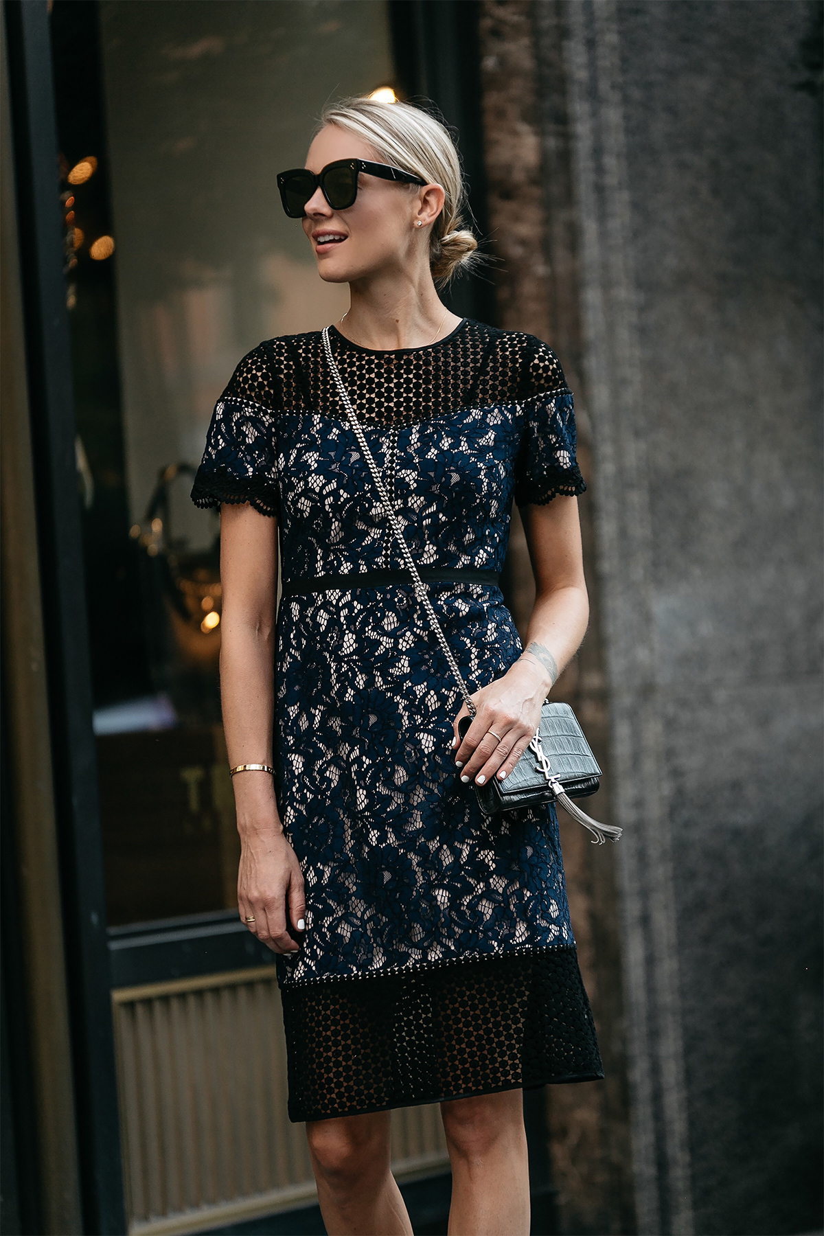 navy and black lace dress