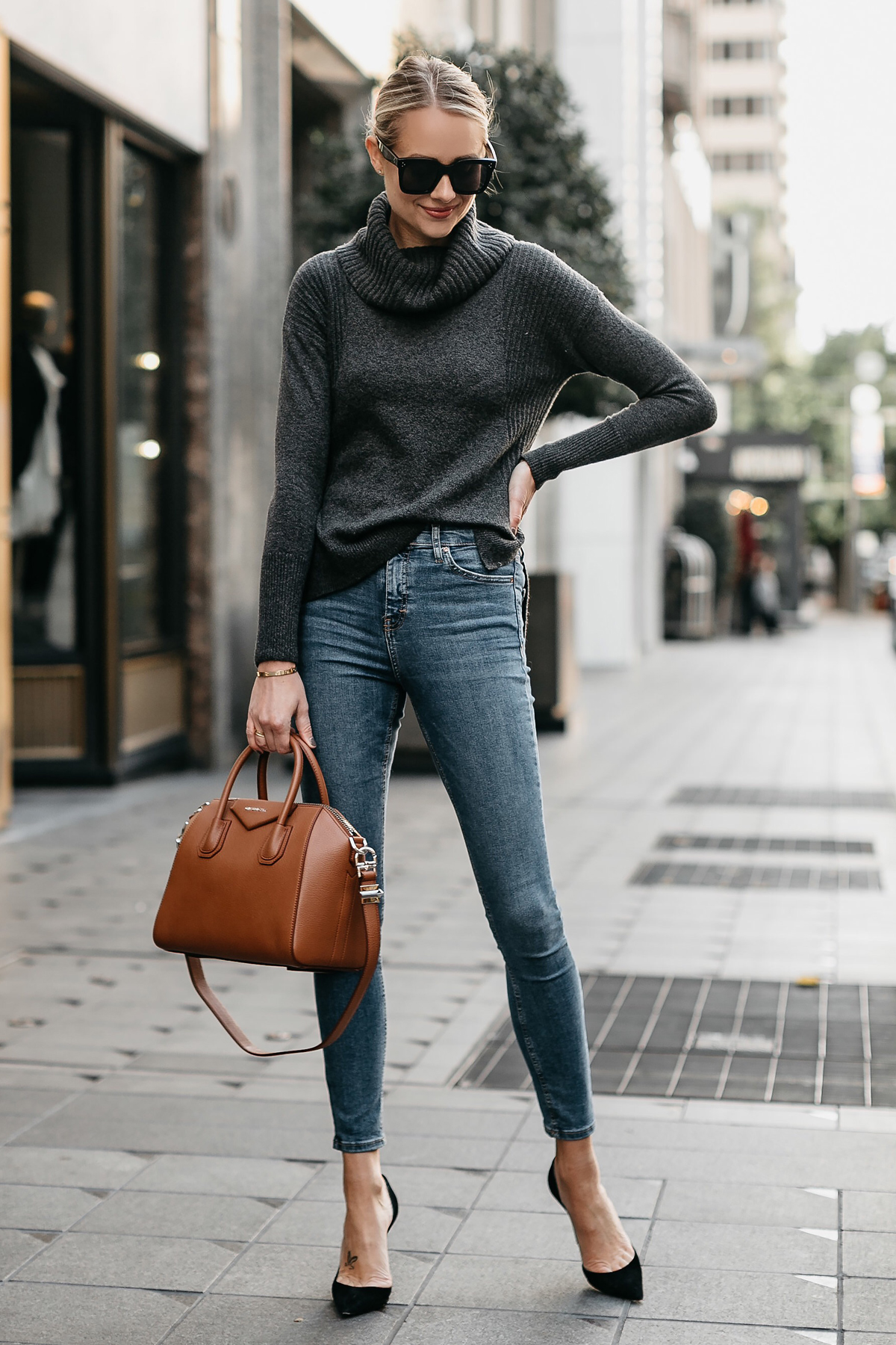 Blonde Woman Wearing Grey Turtleneck Sweater Denim Skinny Jeans Givenchy Antigona Cognac Handbag Black Pumps Fashion Jackson Dallas Blogger Fashion Blogger Street Style