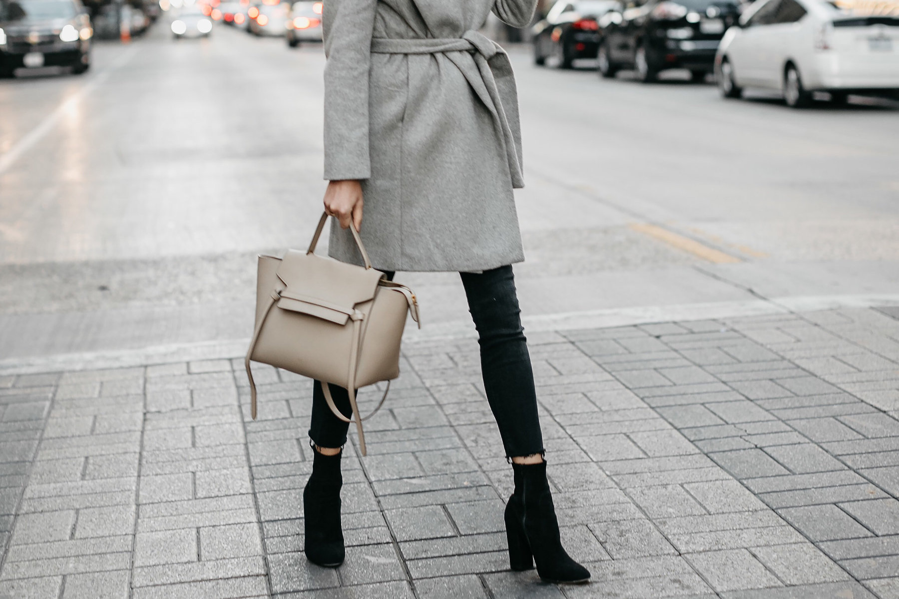 Grey Wrap Coat Outfit Celine Mini Belt Bag Black Skinny Jeans Black Booties Fashion Jackson Dallas Blogger Fashion Blogger Street Style