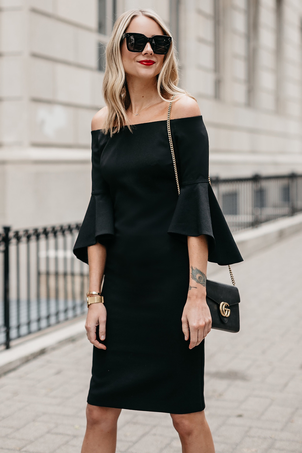 Blonde Woman Wearing Off-the-Shoulder Black Holiday Dress Gucci Marmont Handbag Fashion Jackson Dallas Blogger Fashion Blogger Street Style