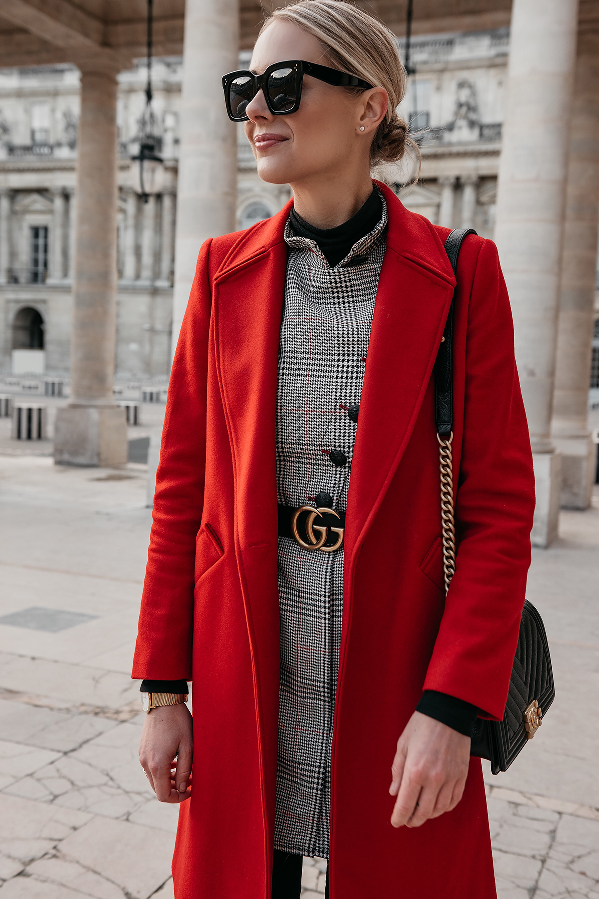 Blonde Woman Wearing Red Wool Coat Plaid Dress Gucci Marmont Belt Paris Palais Royal Fashion Jackson Dallas Blogger Fashion Blogger Street Style