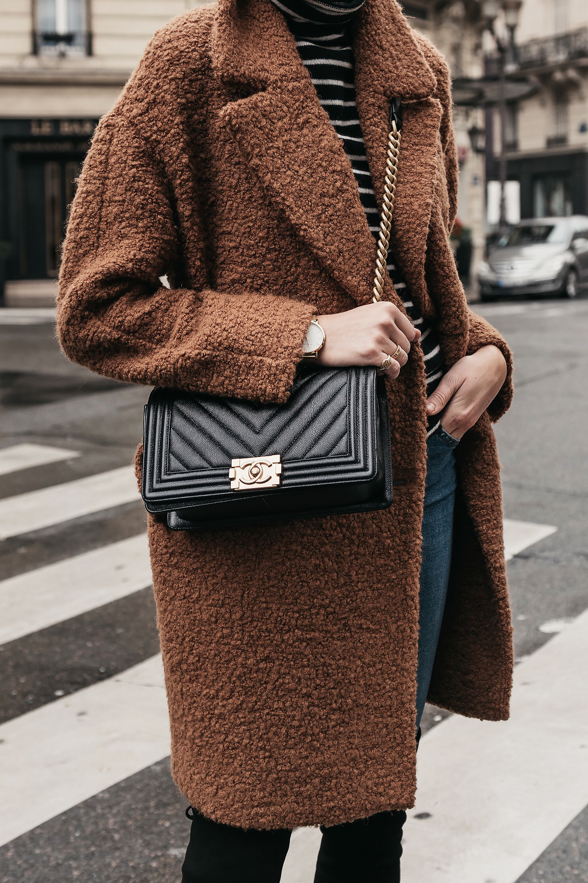 coat, teddy bear coat, long coat, brown coat, snake print, ankle boots,  heel boots, cropped jeans, straight jeans, louis vuitton bag, white  turtleneck top, black sunglasses, white sweater, shoes, zara - Wheretoget