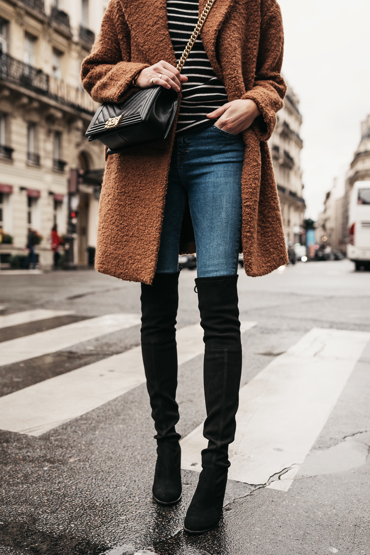 coat, teddy bear coat, long coat, brown coat, snake print, ankle boots,  heel boots, cropped jeans, straight jeans, louis vuitton bag, white  turtleneck top, black sunglasses, white sweater, shoes, zara - Wheretoget