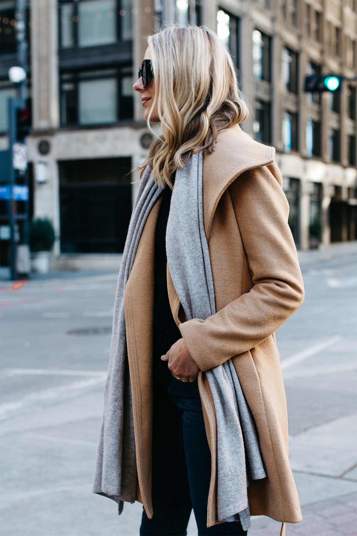 Blonde Woman Wearing ann taylor camel wrap coat grey scarf black turtleneck sweater Fashion Jackson Dallas Blogger Fashion Blogger Street Style