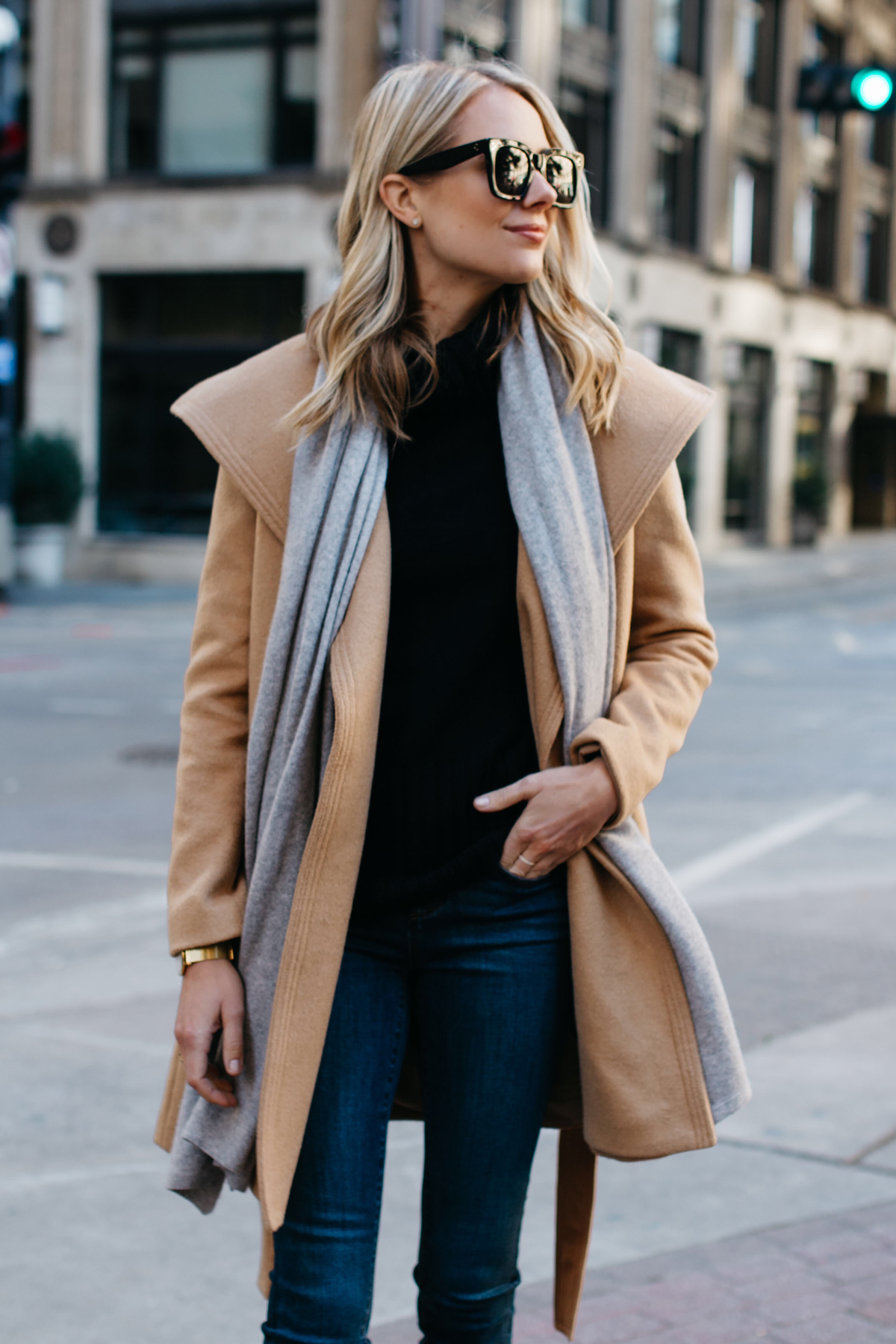 Camel coat grey store scarf