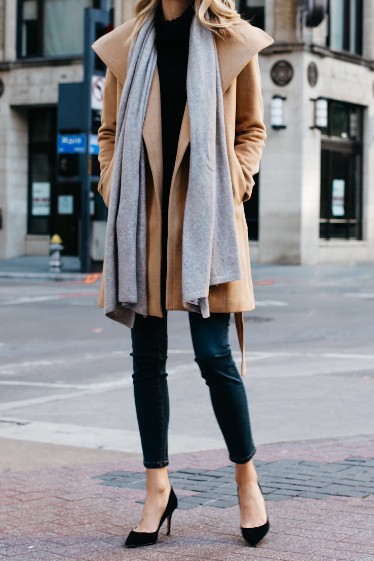 ann taylor camel wrap coat grey scarf black turtleneck sweater denim skinny jeans black pumps Fashion Jackson Dallas Blogger Fashion Blogger Street Style