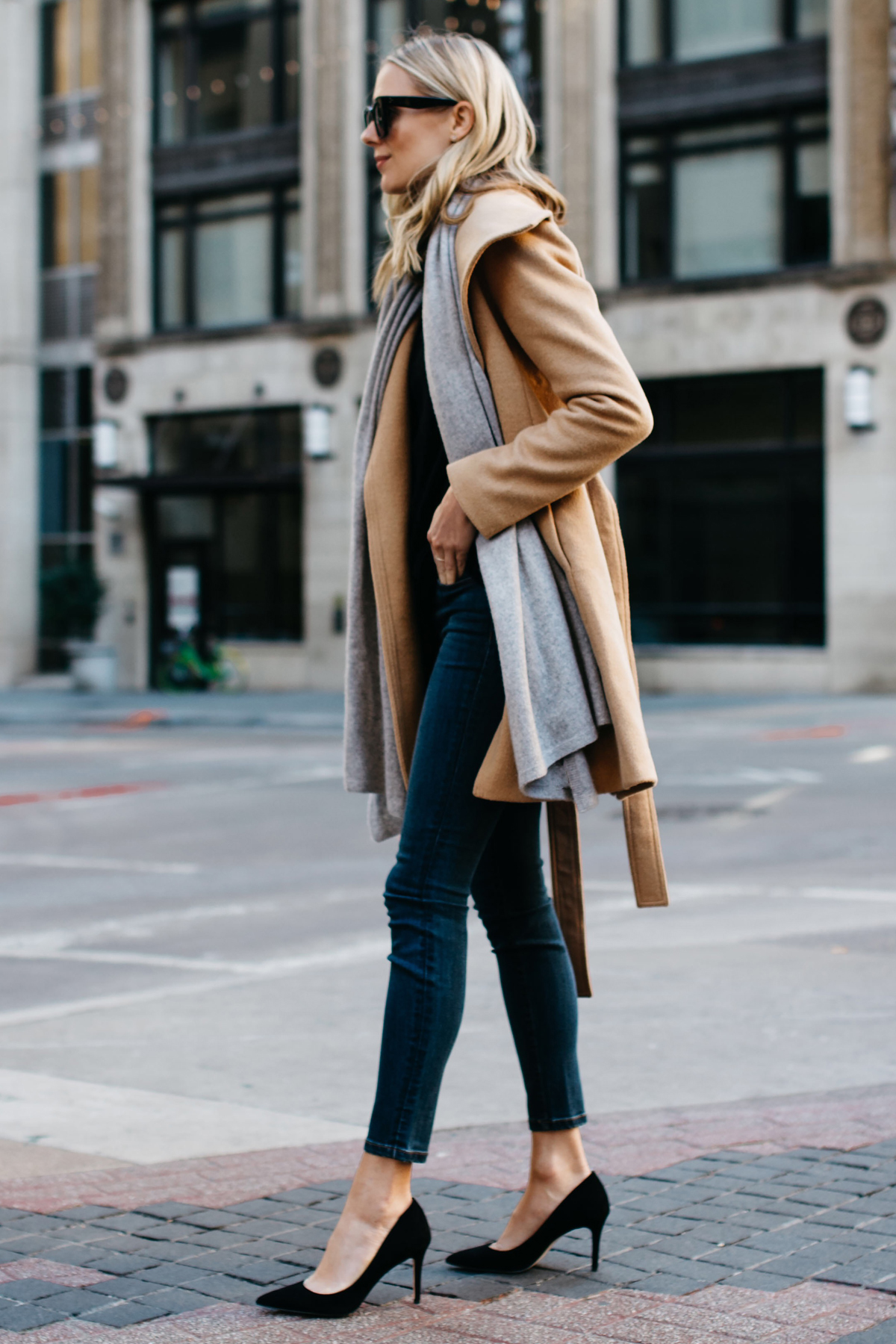 Blonde Woman Wearing Grey Wrap Coat Outfit Fashion Jackson Dallas