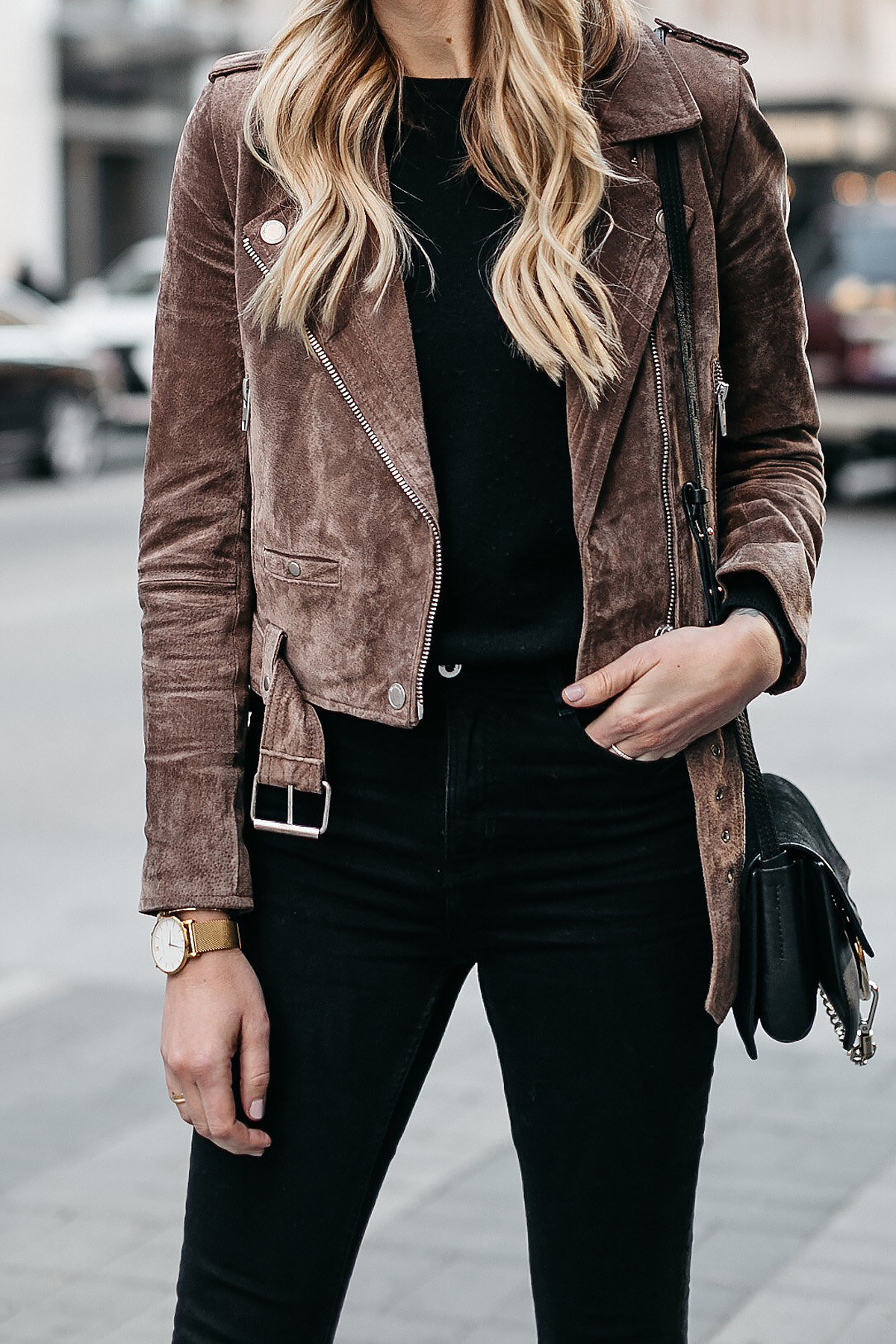 Blonde Woman Wearing Blanknyc Suede Moto Jacket Black Skinny Jeans Fashion Jackson Dallas Blogger Fashion Blogger Street Style