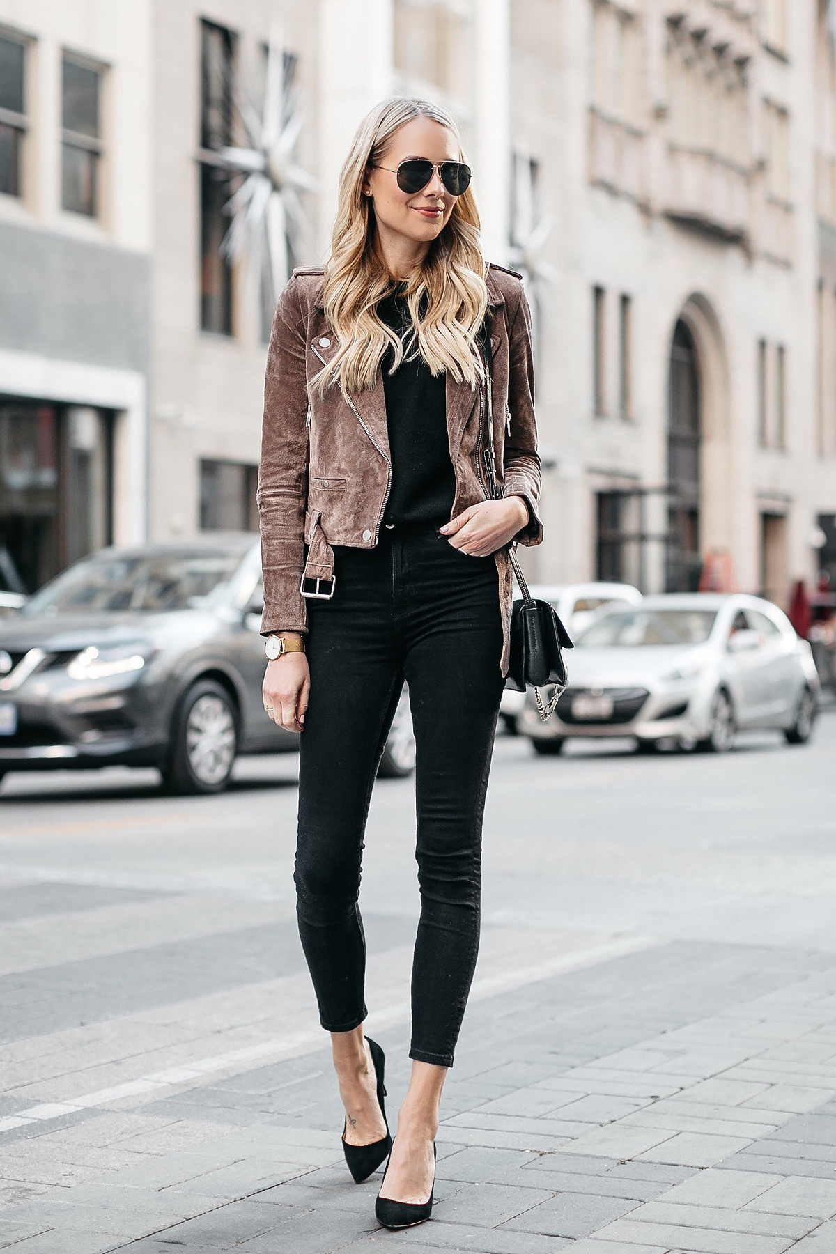 Blonde Woman Wearing Blanknyc Suede Moto Jacket Black Skinny Jeans Black Pumps Fashion Jackson Dallas Blogger Fashion Blogger Street Style