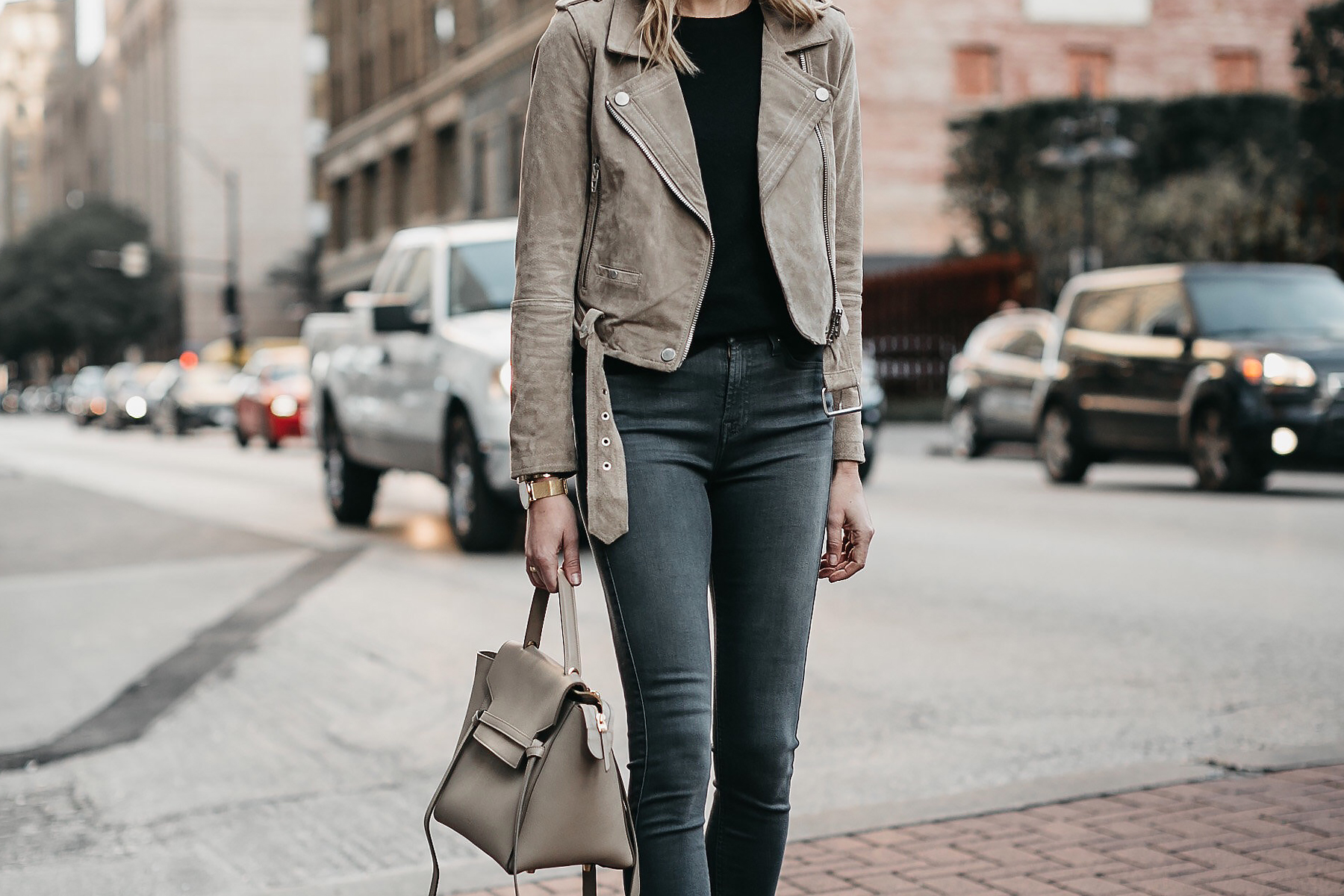 Blanknyc Suede Moto Jacket Black Sweater 7 For All Mankind Grey Skinny Jeans Celine Mini Belt Bag Fashion Jackson Dallas Blogger Fashion Blogger Street Style