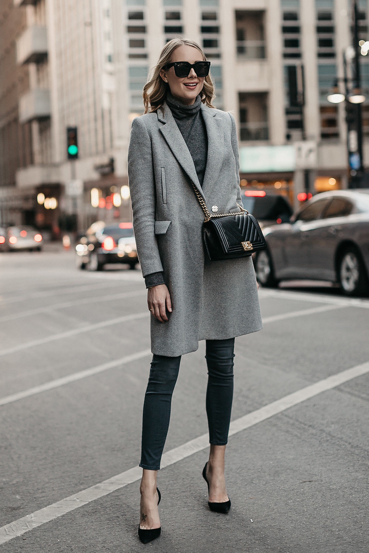 Blonde Woman Wearing Grey Coat Grey Turtleneck Sweater Grey Skinny Jeans Black Pumps Black Chanel Boy Bag Fashion Jackson Dallas Blogger Fashion Blogger Street Style