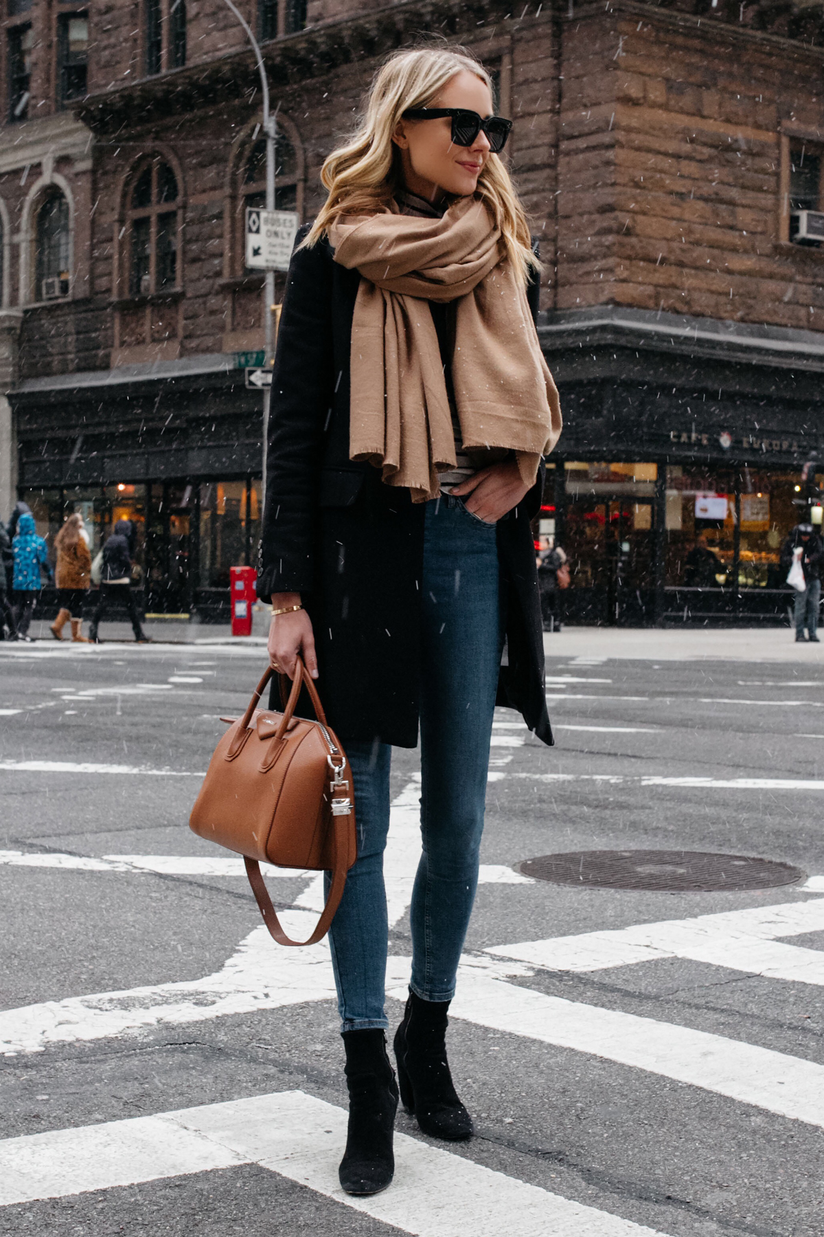 Blonde Woman Wearing Tan Scarf Black Wool Coat Denim Skinny Jeans Black Booties Givenchy Antigona Satchel Fashion Jackson Dallas Blogger Fashion Blogger Street Style