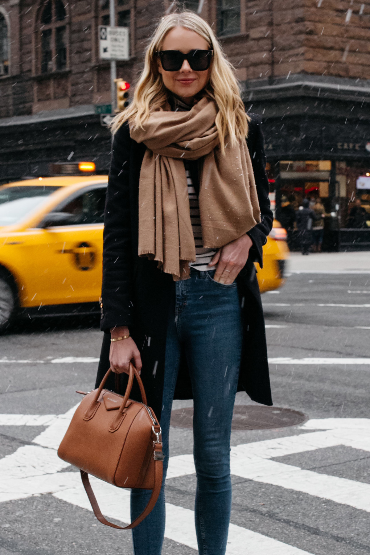 Blonde Woman Wearing Tan Scarf Black Wool Coat Striped Top Denim Skinny Jeans Givenchy Antigona Satchel Fashion Jackson Dallas Blogger Fashion Blogger Street Style