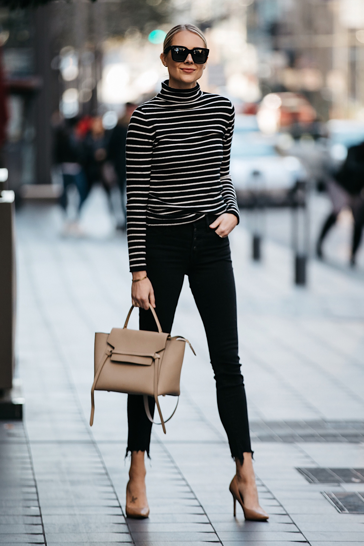 Blonde Woman Wearing Nordstrom Black White Striped Turtleneck Sweater Black Skinny Jeans Nude Pumps Outfit Celine Mini Belt Bag Fashion Jackson Dallas Blogger Fashion Blogger Street Style