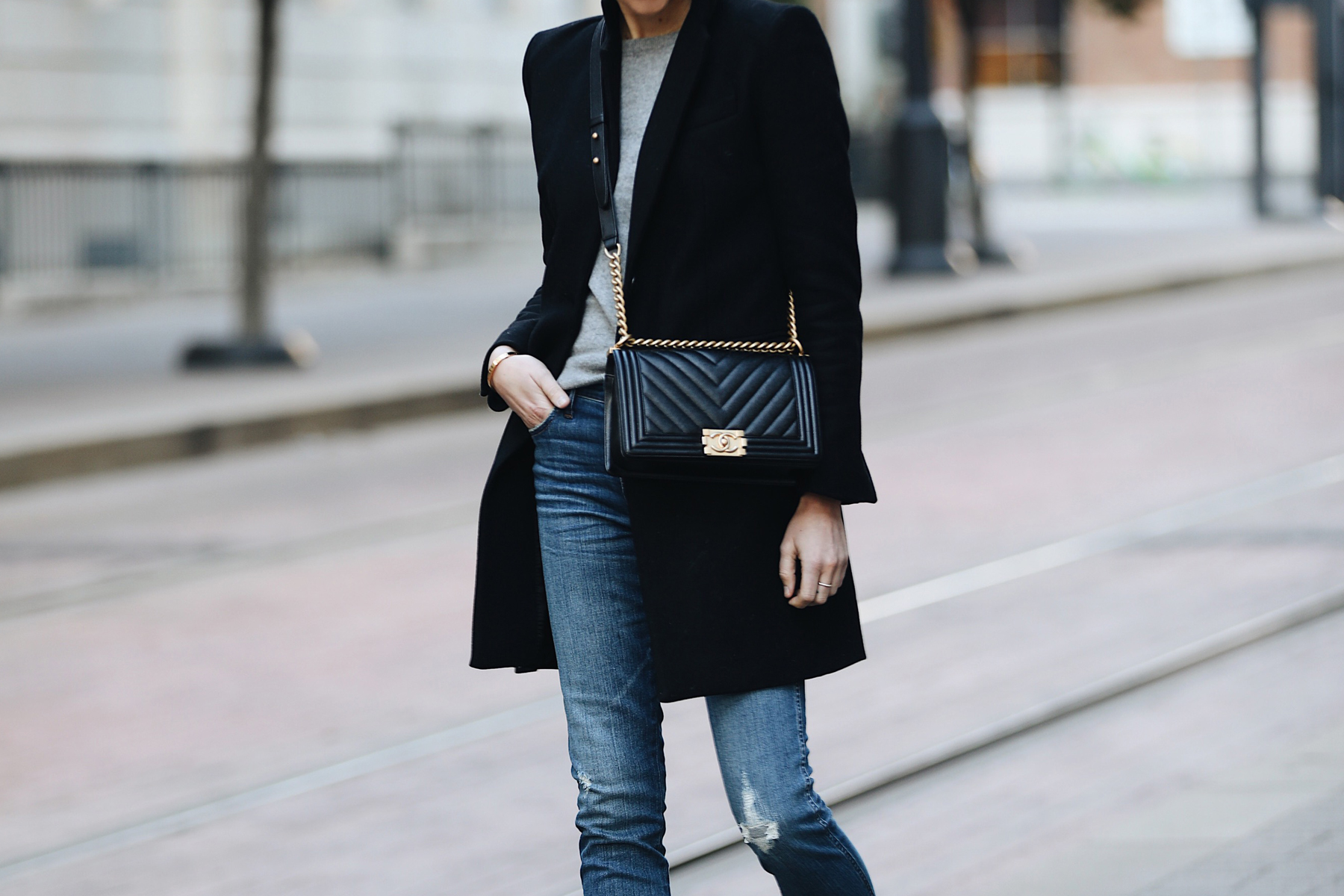 Woman Wearing Zara Black Wool Coat Grey Sweater Madewell Denim Jeans Chanel Black Boy Bag Fashion Jackson Dallas Blogger Fashion Blogger Street Style