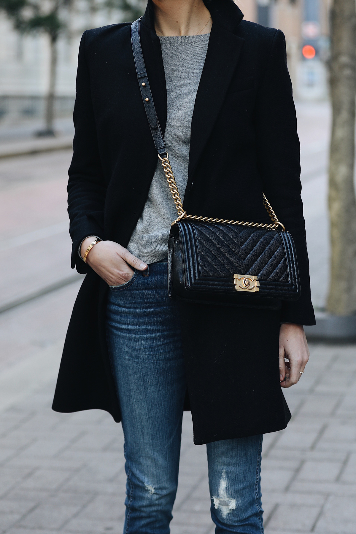 Woman Wearing Zara Black Wool Coat Grey Sweater Madewell Denim Jeans Chanel Black Boy Bag Fashion Jackson Dallas Blogger Fashion Blogger Street Style