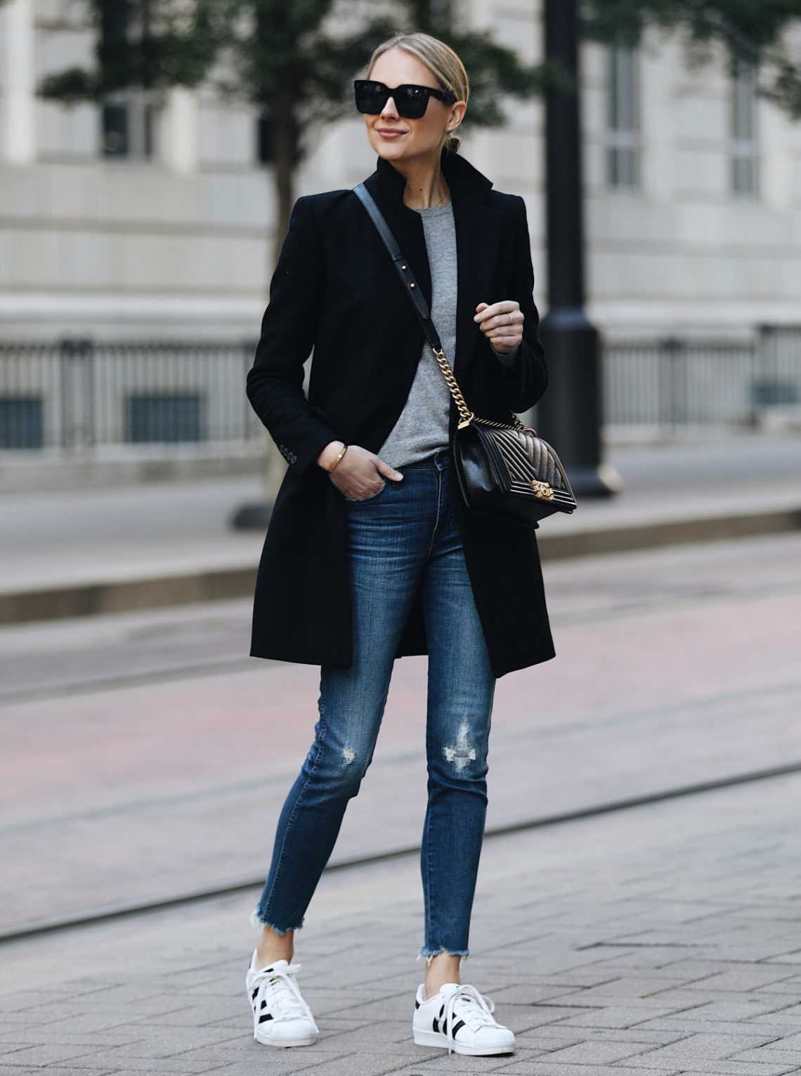 Blonde Woman Wearing Zara Black Wool Coat Grey Sweater Madewell Denim Jeans adidas superstar sneakers Chanel Black Boy Bag Fashion Jackson Dallas Blogger Fashion Blogger Street Style
