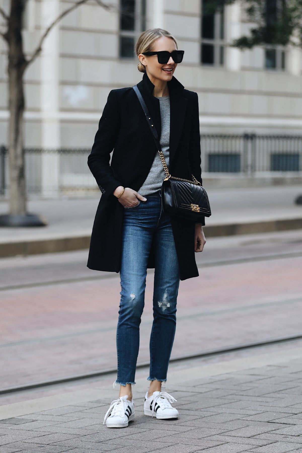 Blonde Woman Wearing Zara Black Wool Coat Grey Sweater Madewell Denim Jeans adidas superstar sneakers Chanel Black Boy Bag Fashion Jackson Dallas Blogger Fashion Blogger Street Style