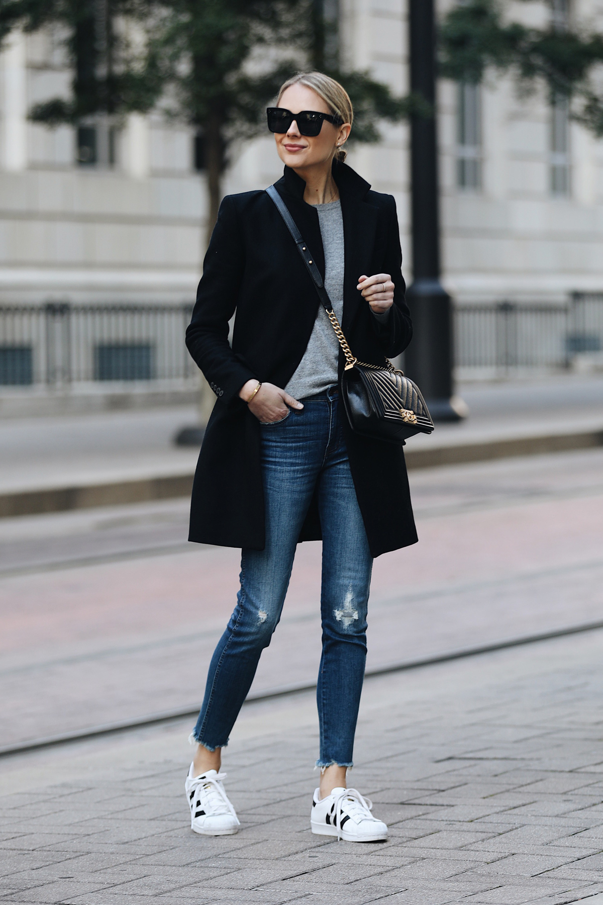 Blonde Woman Wearing Zara Black Wool Coat Grey Sweater Madewell Denim Jeans adidas superstar sneakers Chanel Black Boy Bag Fashion Jackson Dallas Blogger Fashion Blogger Street Style