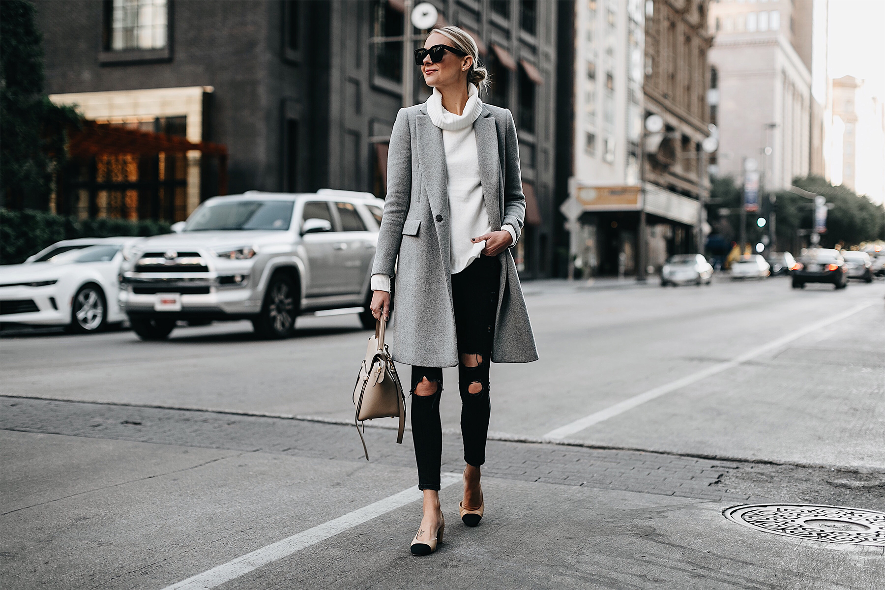 fashion jackson grey wool coat white turtleneck sweater black ripped skinny jeans chanel slingbacks