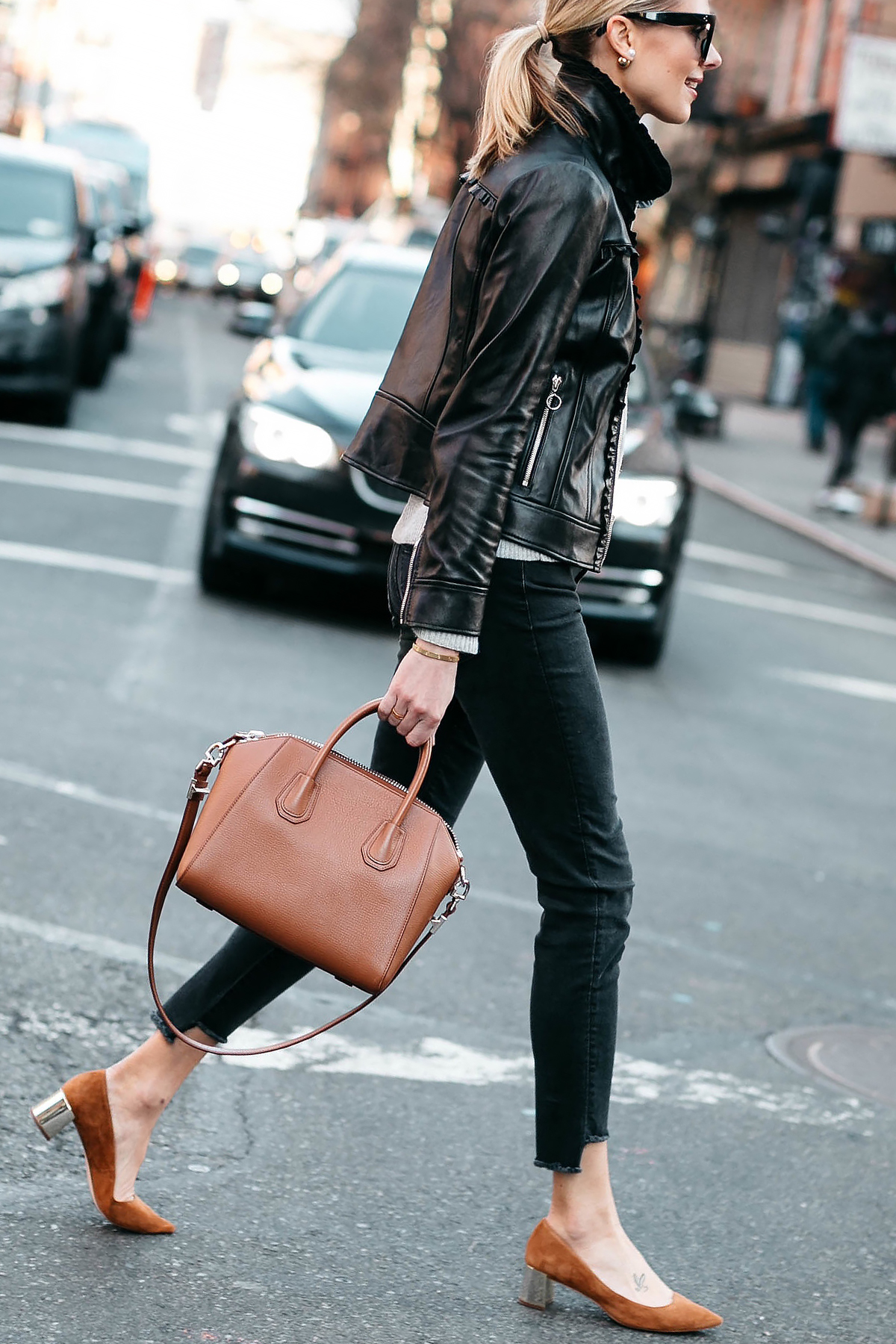 Blonde Woman Wearing Ann Taylor Black Leather Jacket Black Skinny Jeans Tan Pumps Fashion Jackson Dallas Blogger Fashion Blogger Street Style New York Fashion Week