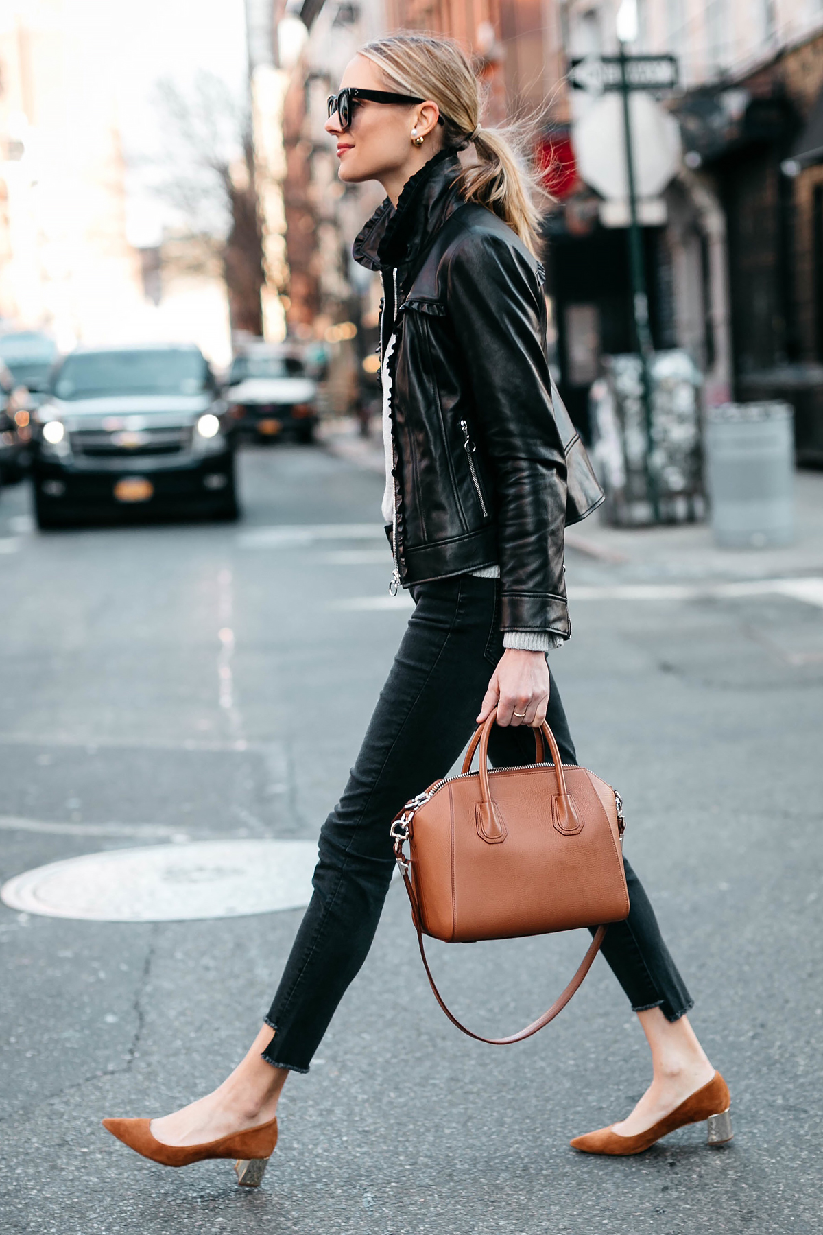 Blonde Woman Wearing Ann Taylor Black Leather Jacket Black Skinny Jeans Tan Pumps Fashion Jackson Dallas Blogger Fashion Blogger Street Style New York Fashion Week