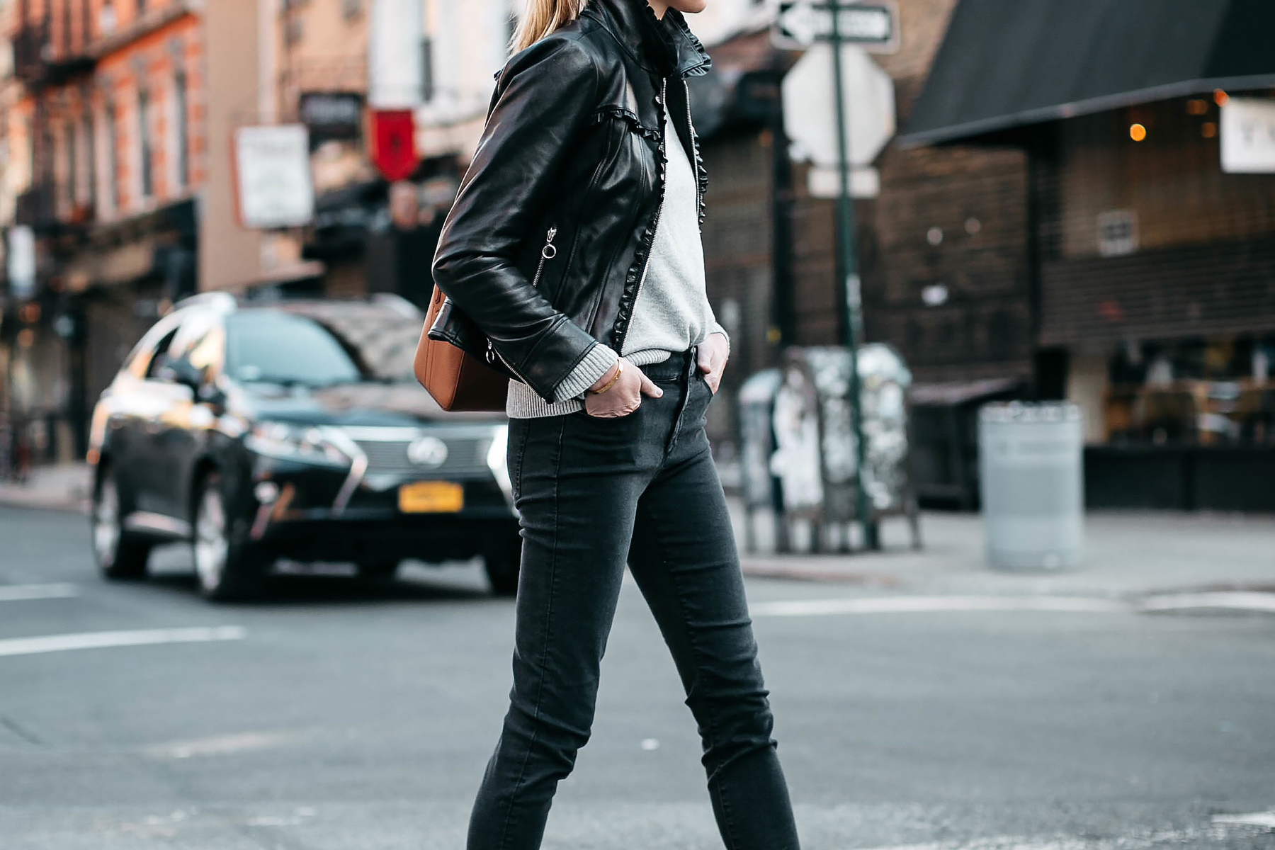 Woman Wearing Ann Taylor Black Leather Jacket Grey Sweater Black Skinny Jeans Fashion Jackson Dallas Blogger Fashion Blogger Street Style New York Fashion Week