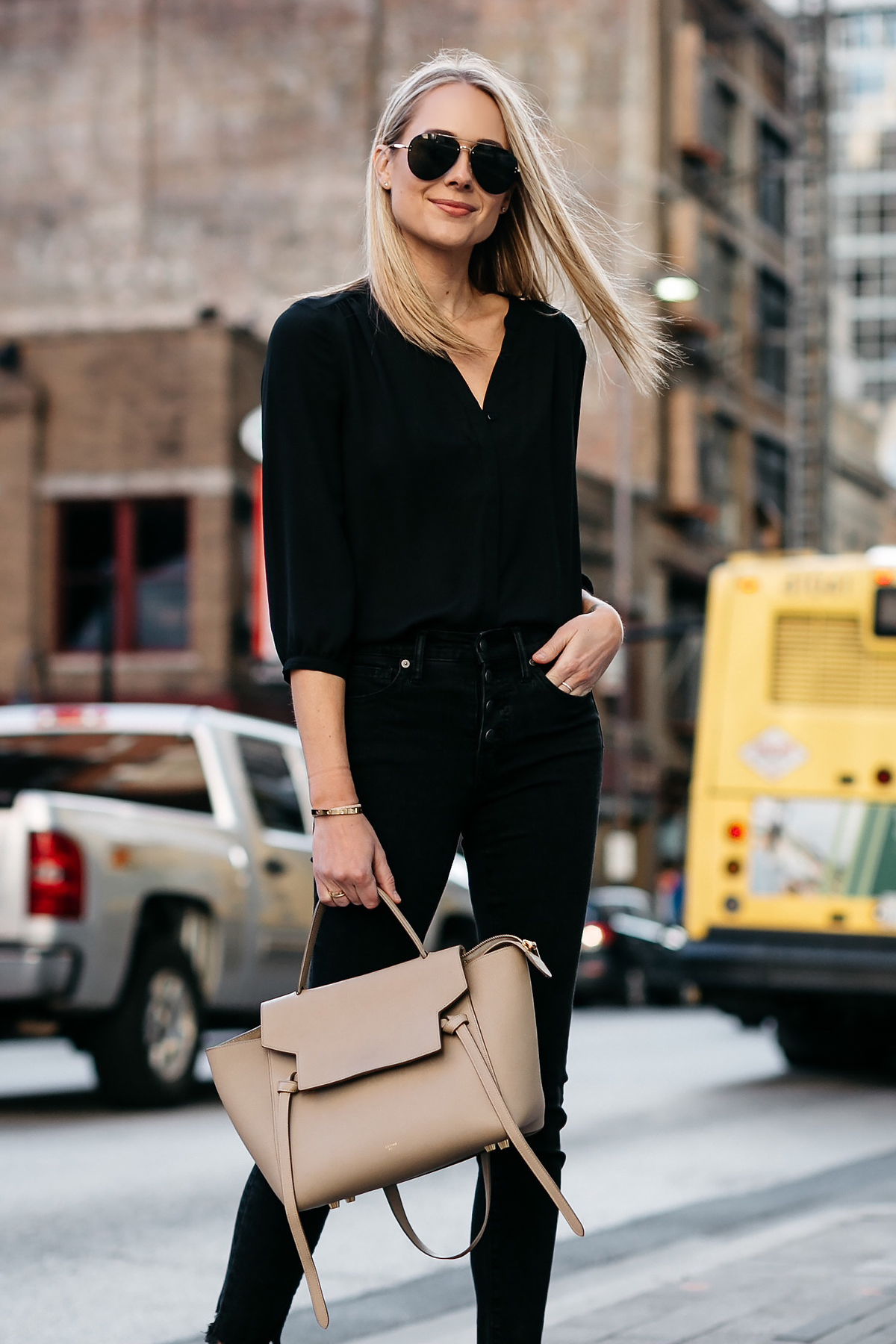 Blonde Woman Wearing Black Shirt Madewell Black Jeans Celine Belt Bag Celine Aviator Sunglasses Fashion Jackson Dallas Blogger Fashion Blogger Street Style