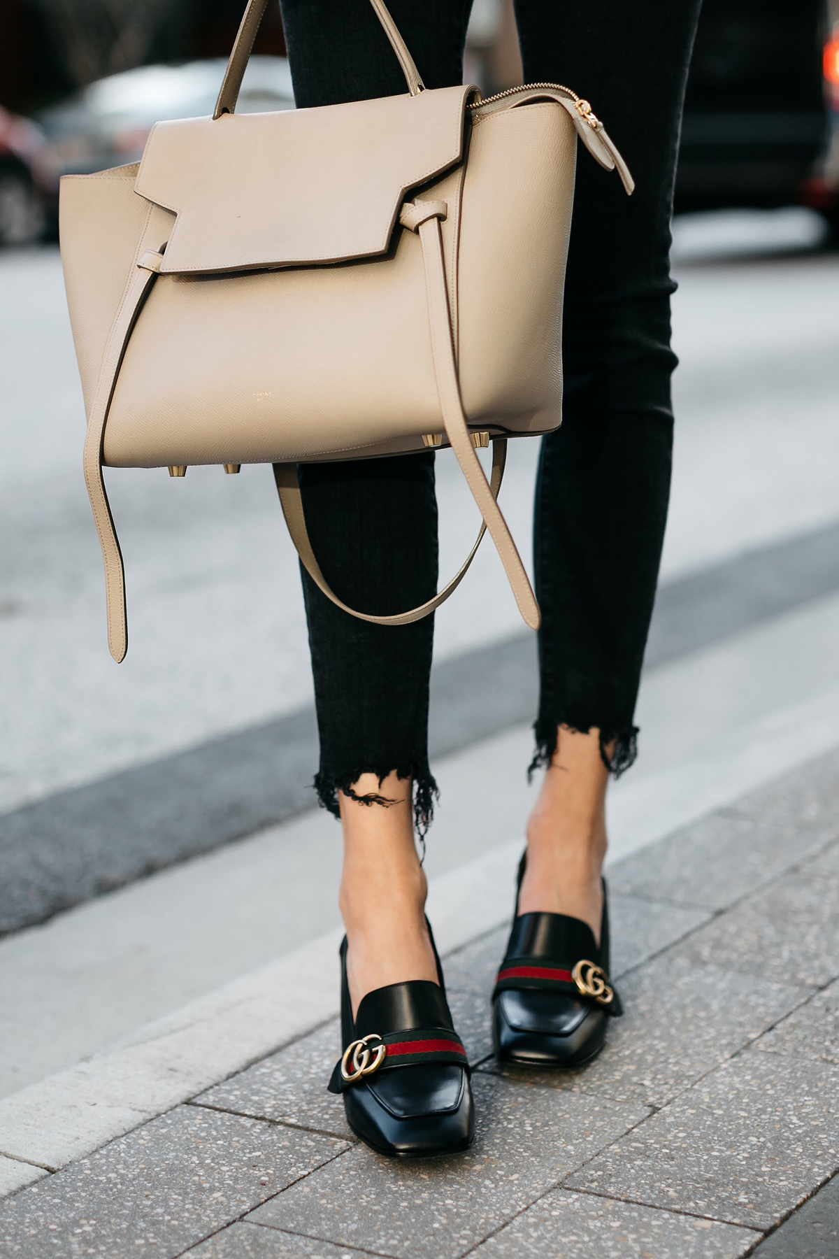 Woman Wearing Gucci Black Peyton Block Heel Pumps Celine Belt Bag Madewell Black Skinny Jeans Fashion Jackson Dallas Blogger Fashion Blogger Street Style