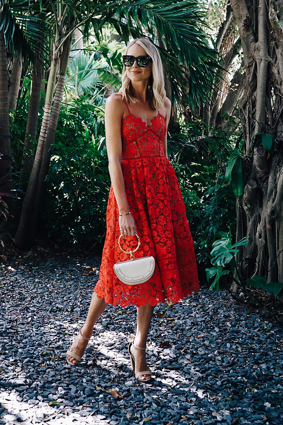 Blonde Woman Wearing Self Portrait Azaelea Red Lace Midi Dress Chloe White Nile Handbag Tan Ankle Strap Heeled Sandals Fashion Jackson Dallas Blogger Fashion Blogger