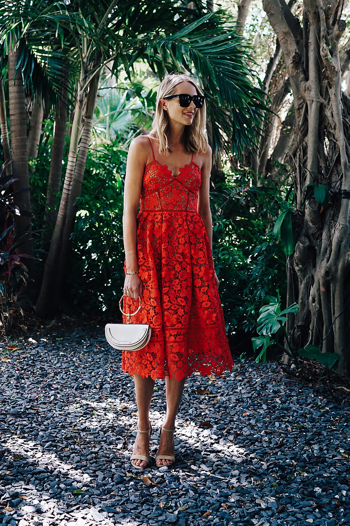 Blonde Woman Wearing Self Portrait Azaelea Red Lace Midi Dress Chloe White Nile Handbag Fashion Jackson Dallas Blogger Fashion Blogger