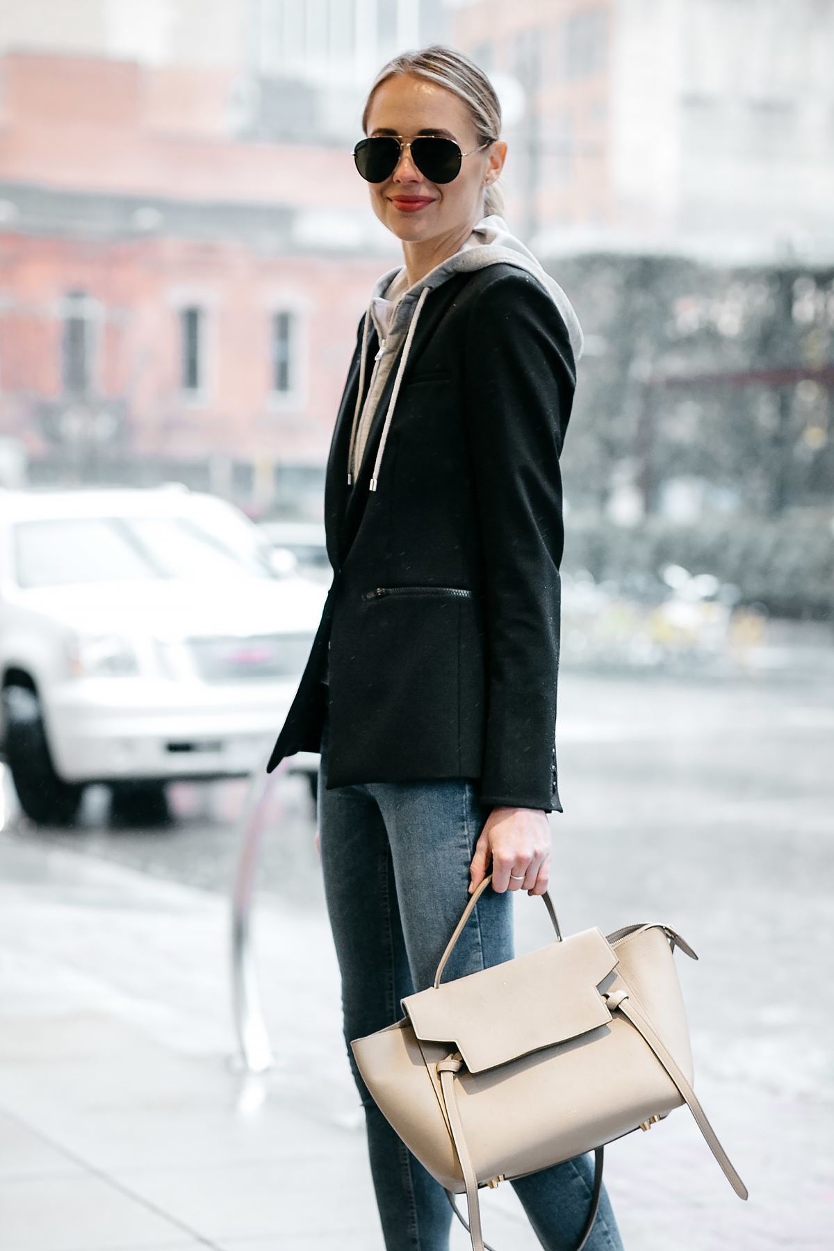 Blonde Woman Wearing Veronica Beard Scuba Jacket Celine Mini Belt Bag Fashion Jackson Dallas Blogger Fashion Blogger Street Style