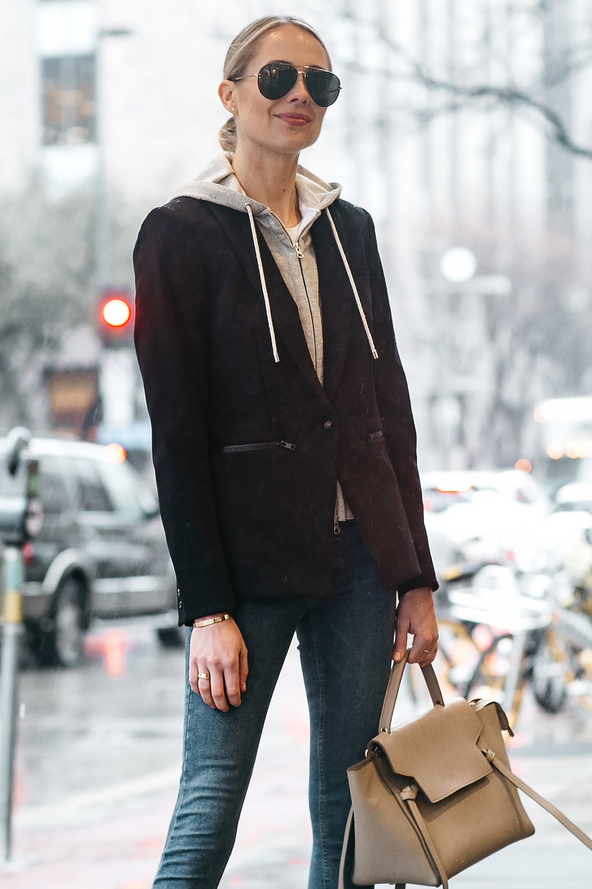 Blonde Woman Wearing Veronica Beard Scuba Jacket Celine Mini Belt Bag Fashion Jackson Dallas Blogger Fashion Blogger Street Style