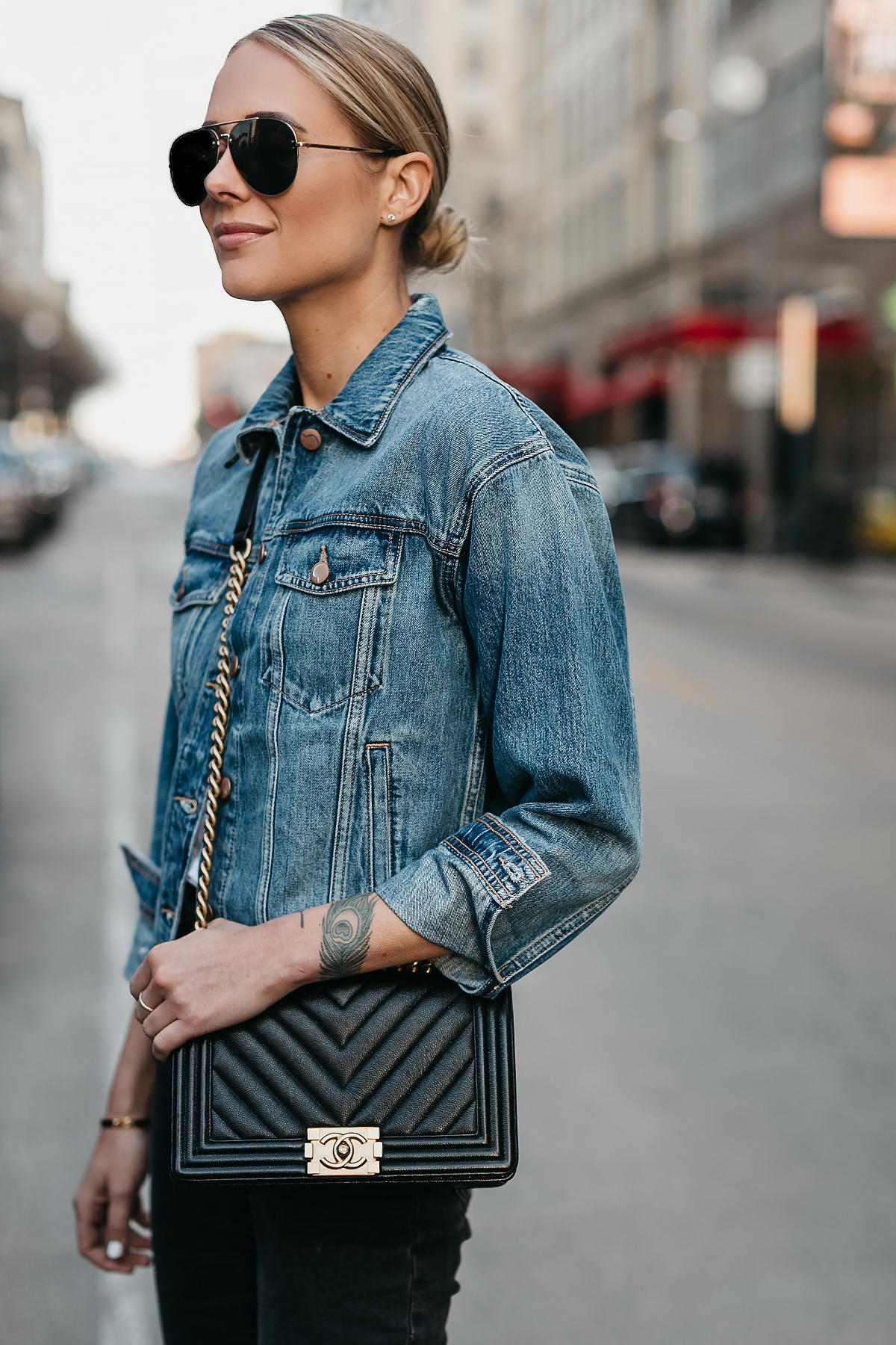 Blonde Woman Wearing Joes Jeans Denim Jacket Chanel Black Boy Bag Celine Aviator Sunglasses Fashion Jackson Dallas Blogger Fashion Blogger Street Style