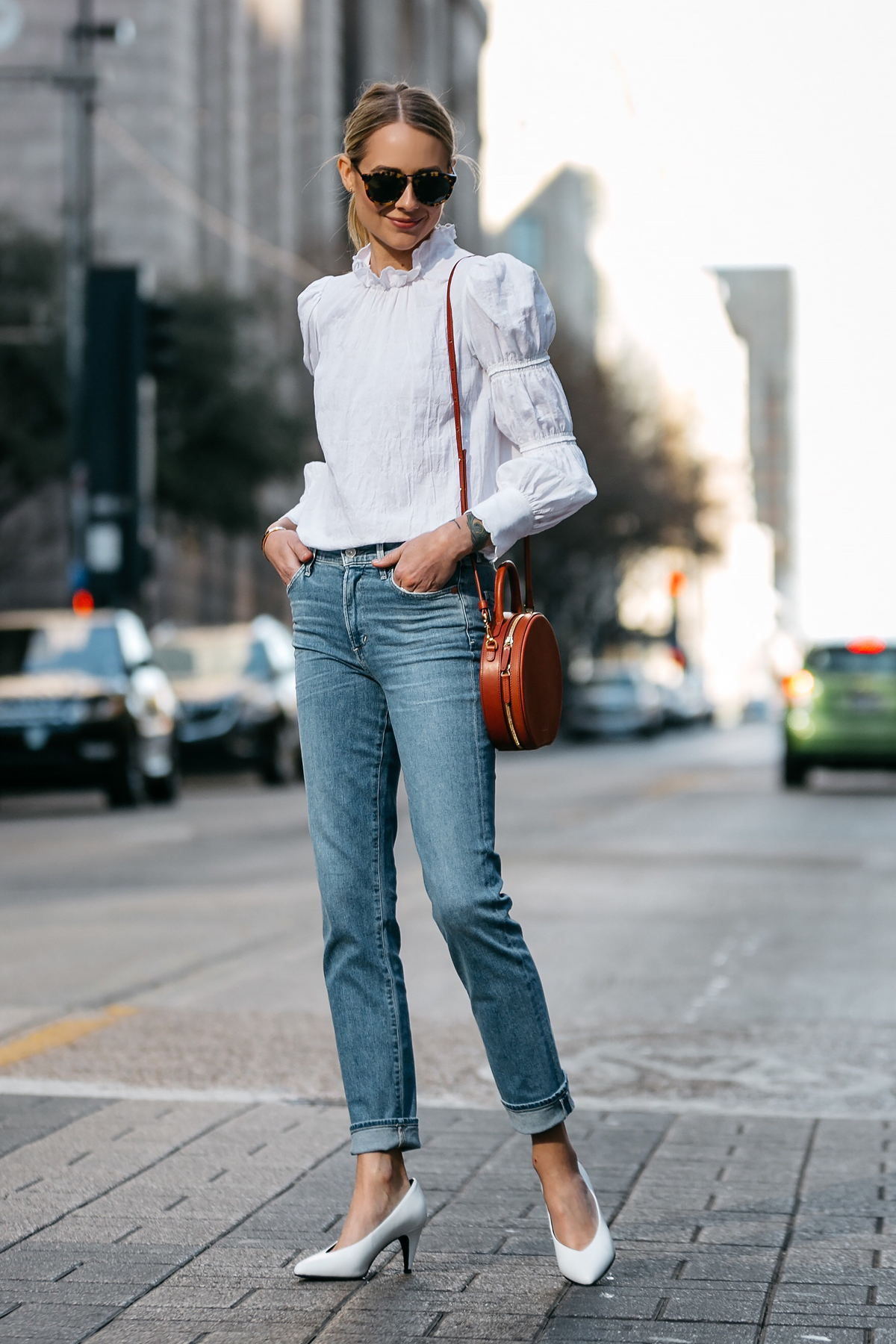 white blouse and jeans