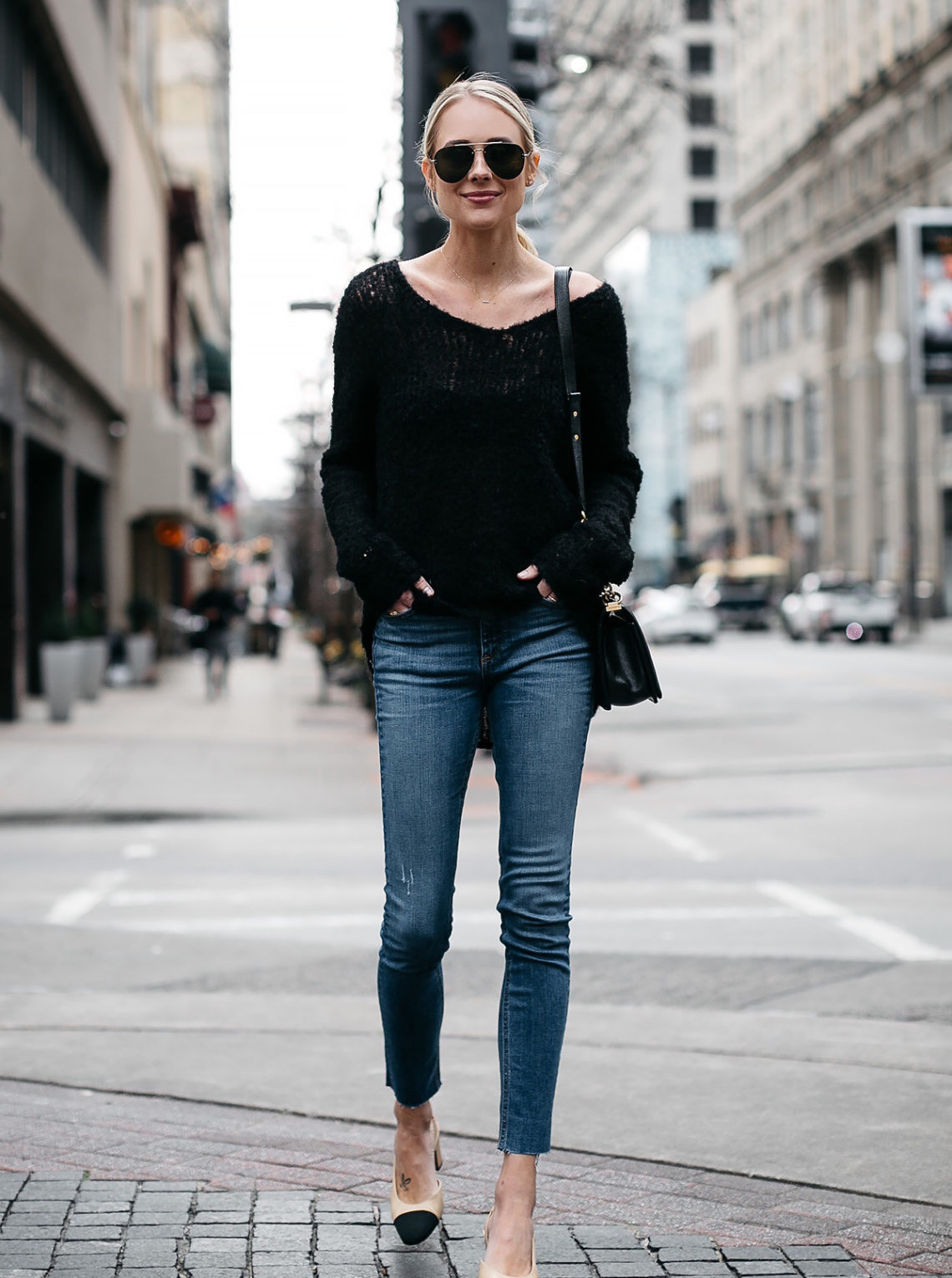 Blonde Woman Wearing rag and bone Black Sweater Denim Skinny Jeans Chanel Slingbacks Fashion Jackson Dallas Blogger Fashion Blogger Street Style