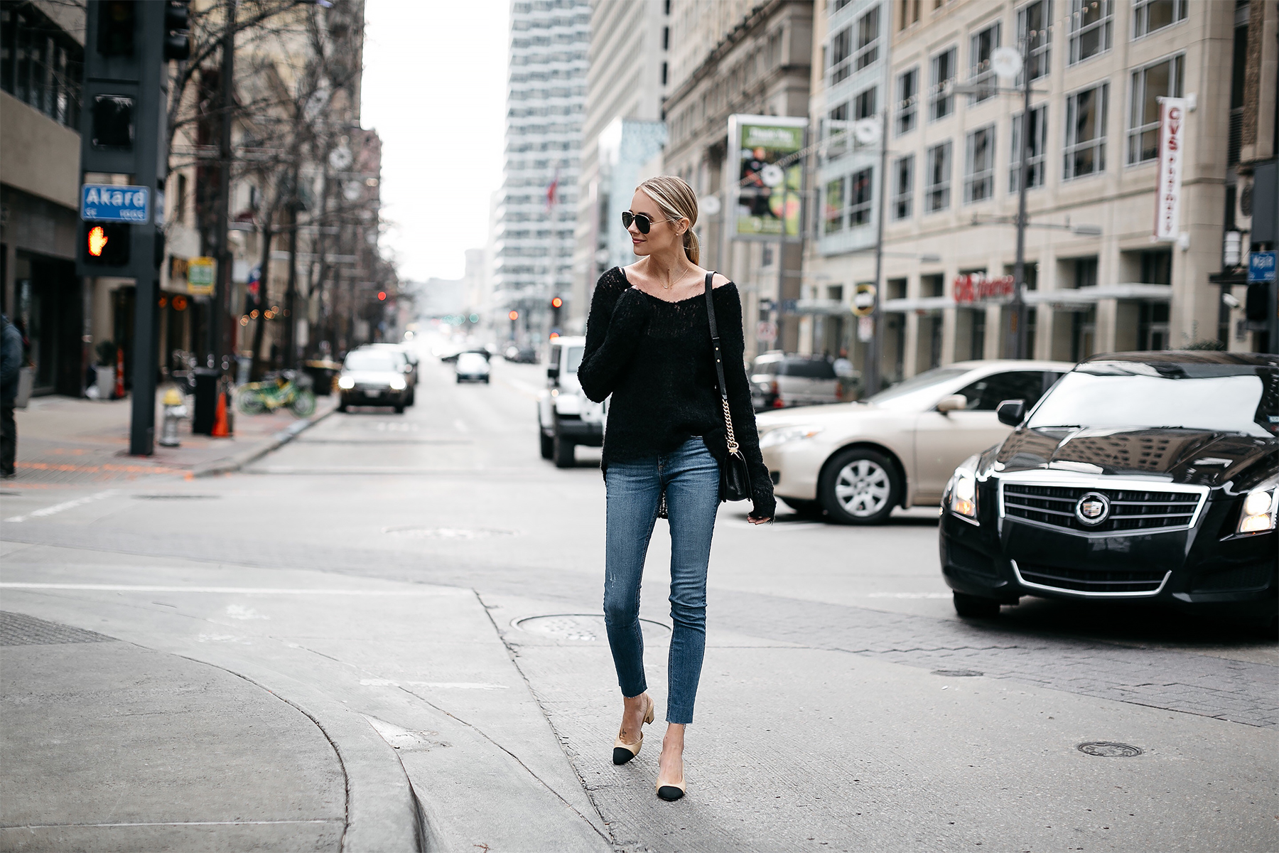 Blonde Woman Wearing rag and bone Black Sweater Denim Skinny Jeans Chanel Slingbacks Fashion Jackson Dallas Blogger Fashion Blogger Street Style