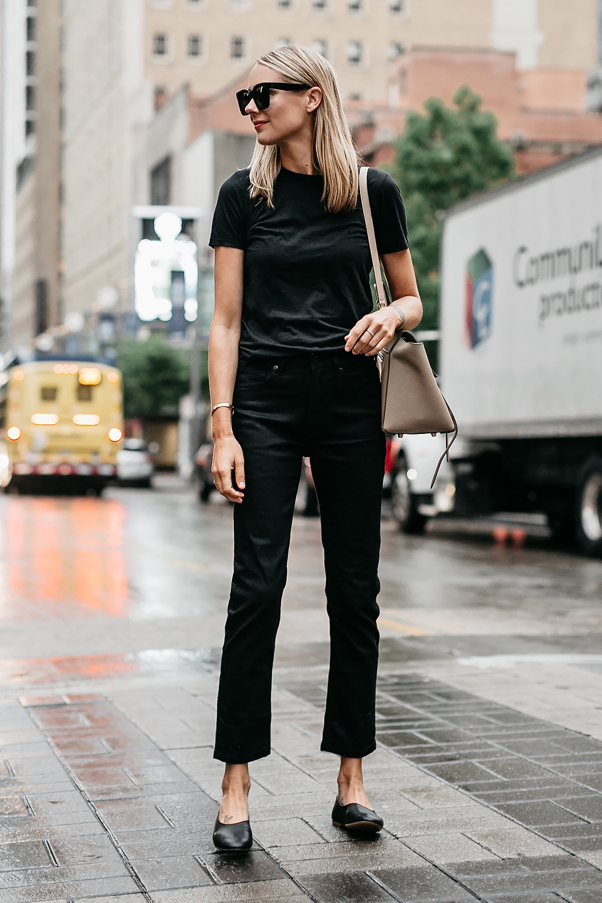 Blonde Woman Wearing Everlane Black Tshirt Everlane Black Boyfriend Jeans Everlane Black Day Glove Flats Fashion Jackson Dallas Blogger Fashion Blogger Street Style