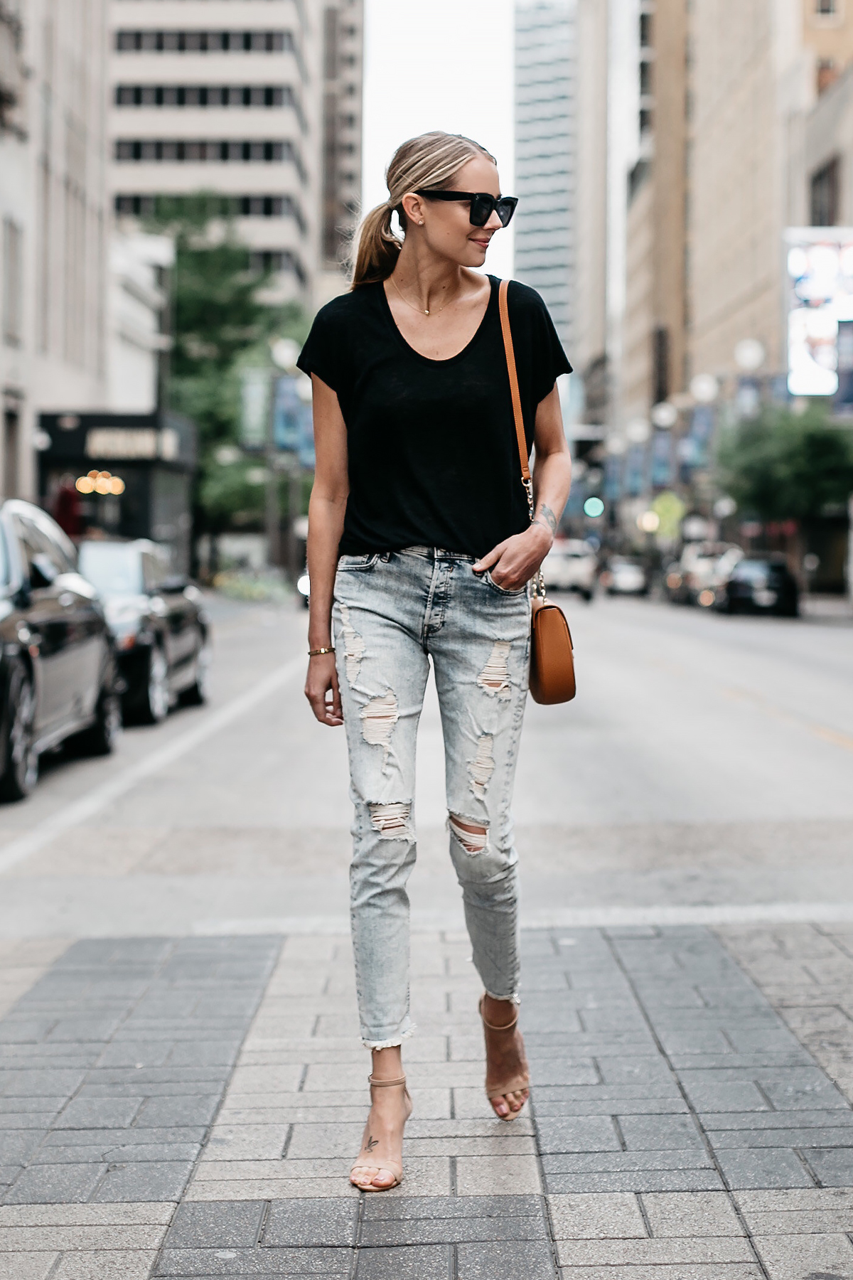 Blonde Woman Wearing Express Black Tshirt Express Ripped Jeans Tan Ankle Strap Heeled Sandals Tan Handbag Fashion Jackson Dallas Blogger Fashion Blogger Street Style