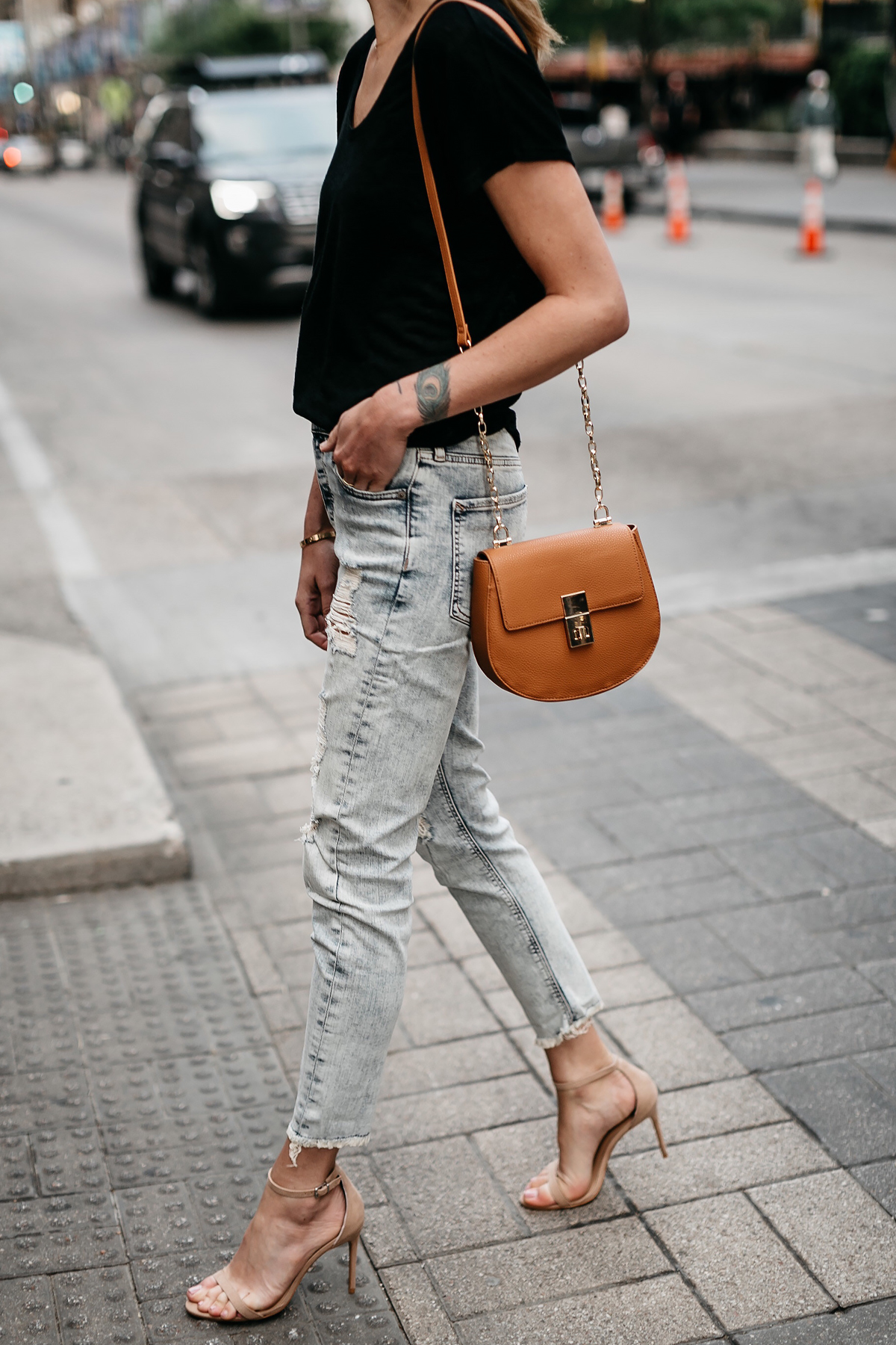 Woman Wearing Express Black Tshirt Express Ripped Jeans Tan Ankle Strap Heeled Sandals Tan Handbag Fashion Jackson Dallas Blogger Fashion Blogger Street Style