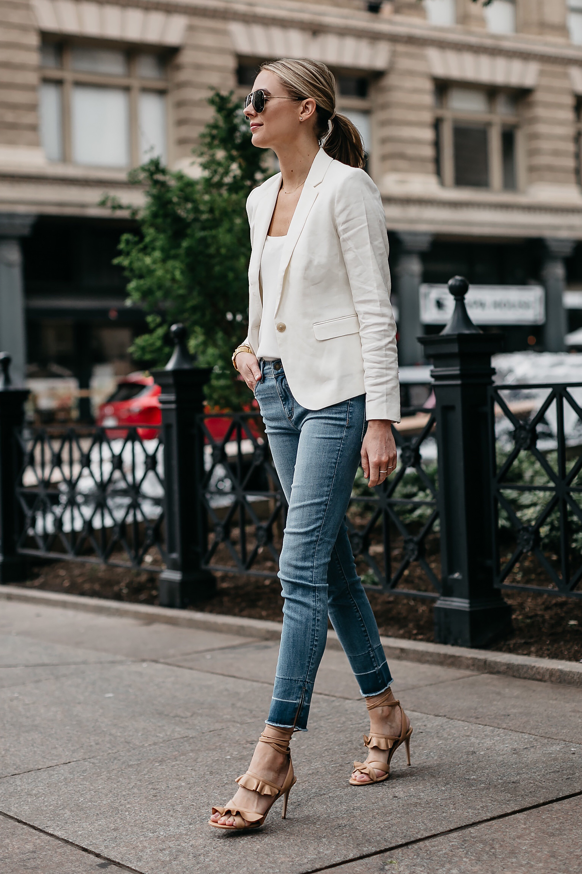 white blazer jeans outfit